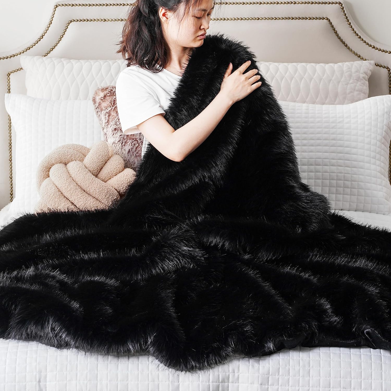 BATTILO HOME Luxury Fluffy Black Faux Fur Throw Blanket, Black Blanket for Couch, Sofa, Chair, Bed, Plush Fuzzy Cozy Fur Throws with Long Pile, 50"x60" - Image 6