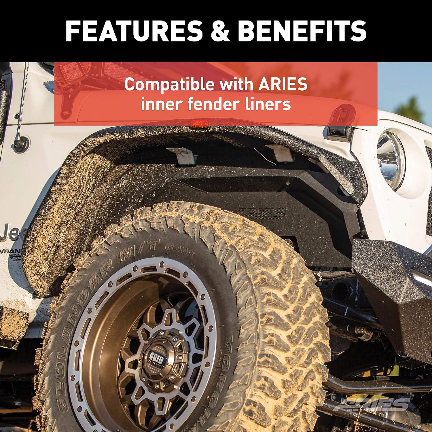 ARIES 1500203 Textured Black Aluminum Front Fender Flares, Fits Select Jeep Wrangler JL, Gladiator JT