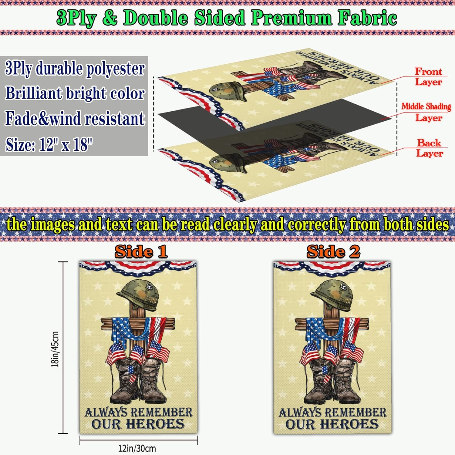 Memorial Day Patriotic Garden Flag 12x18 Inch Double Sided 4th of July Flags for Outside Independence Veterans Day Flag Outdoor House Yard Holiday Decoration Garden Flag, Black - Image 3