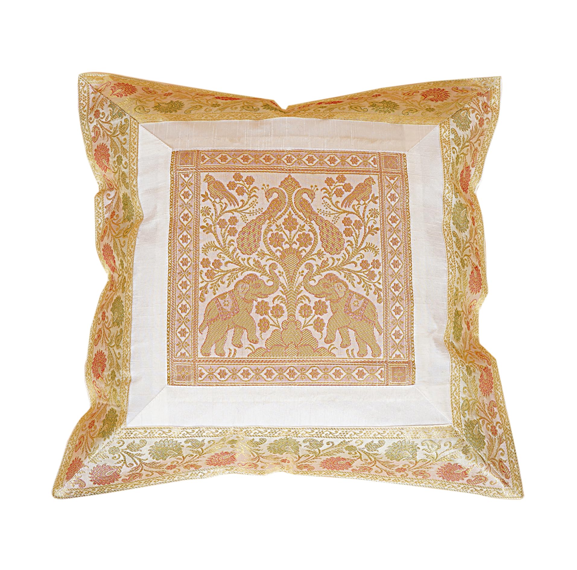 Rajasthali Indian 1 PCS White 20x20 Inch 50x50 CM Elephant Banarsi Silk Indian Ethnic Bohemian Decorative Cushion Cover Handcrafted Patchwork Sari Throw Pillow Boho Decor Cushion Cover for Gift.