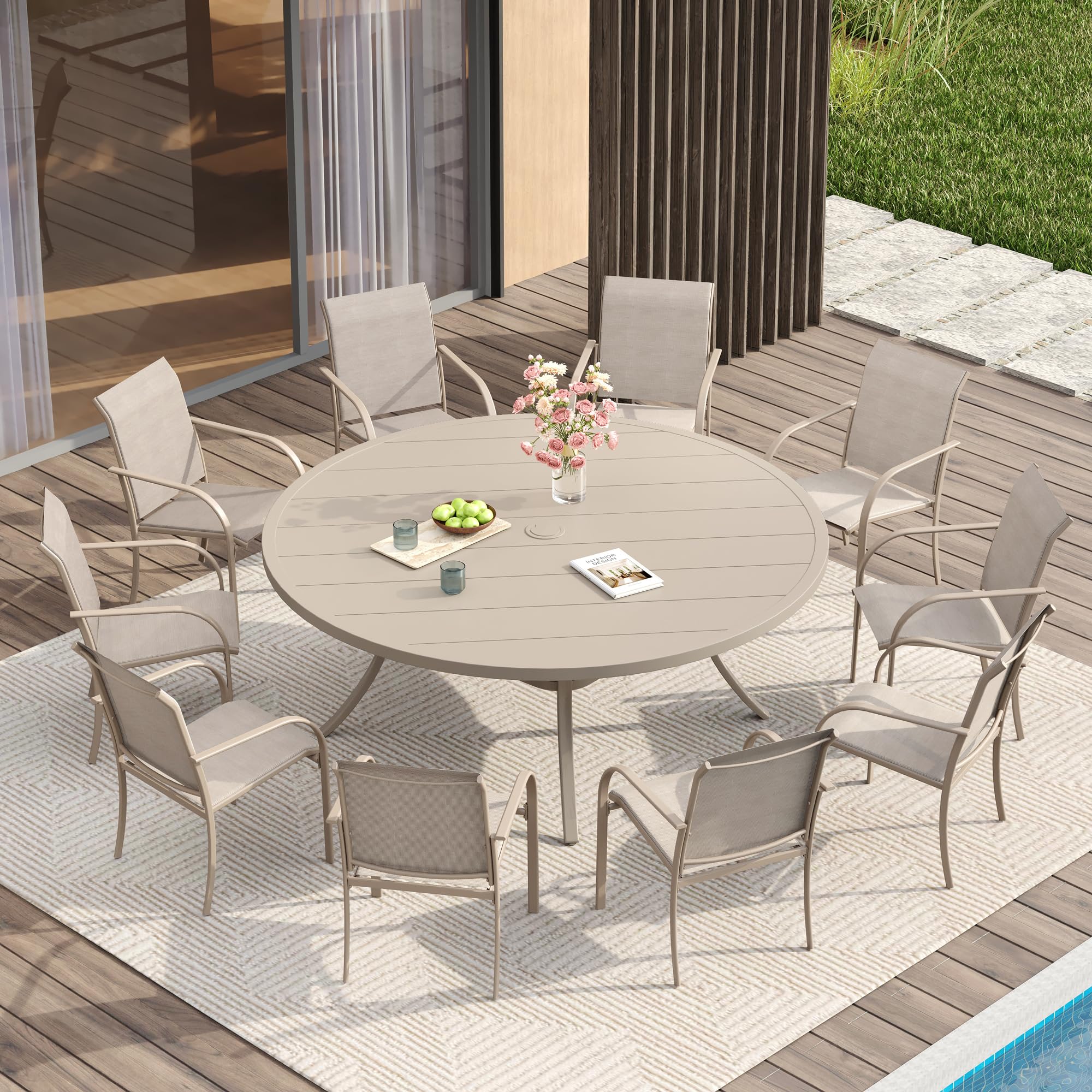 VICLLAX 11 Pieces Patio Dining Set for 10, Outdoor Furniture Set Includes 60" Round Outdoor Table and 10 Lawn Stackable Chairs, Sandshell Color Tabletop and Fabric
