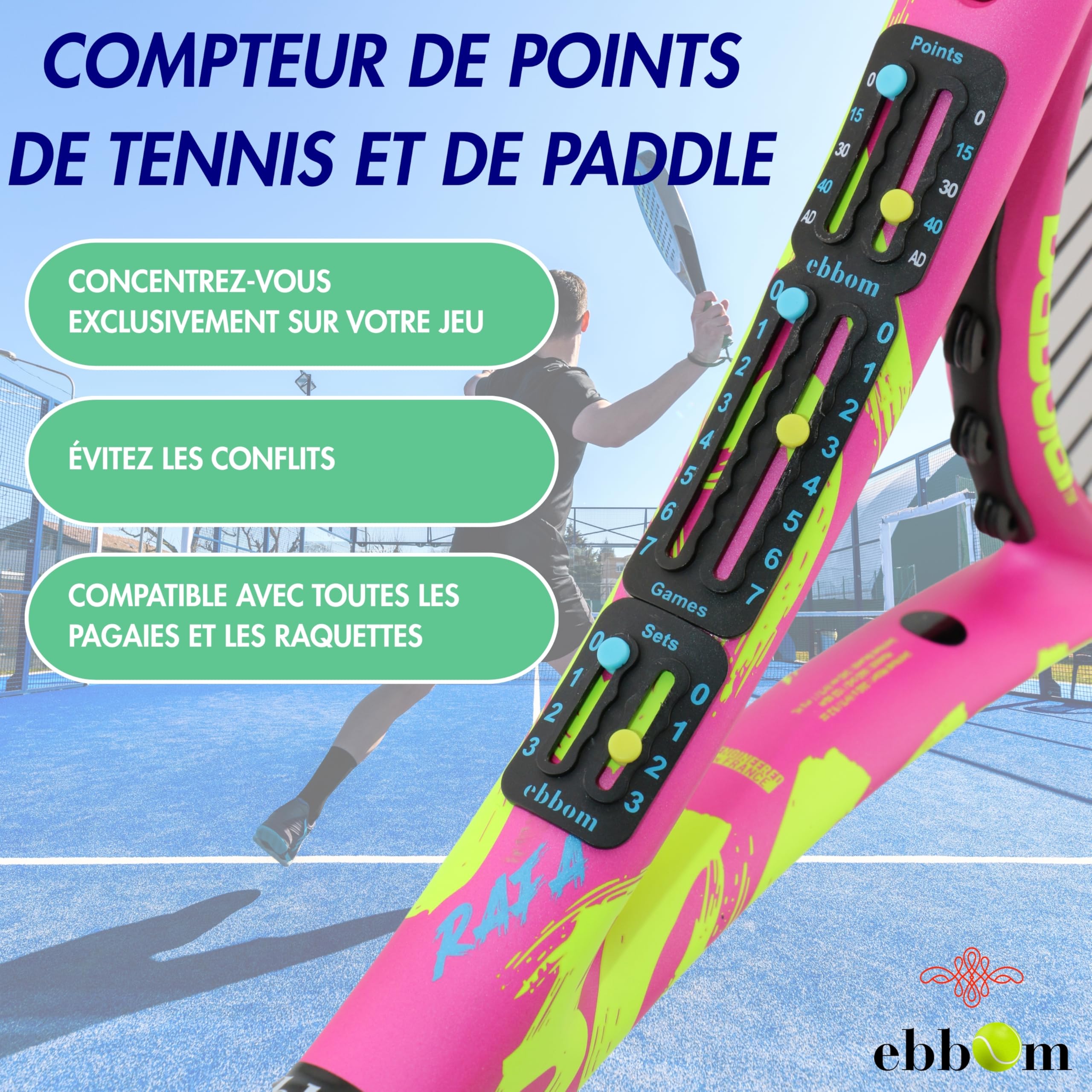 Compteur de Points Padel et Tennis Ultraléger avec Adhésif 3M - Inclus 2 Overgrips B/N et 1 Nettoyant – Adaptable à Toutes Les Raquettes et Palas – Accessoires Padel – Marqueur Padel