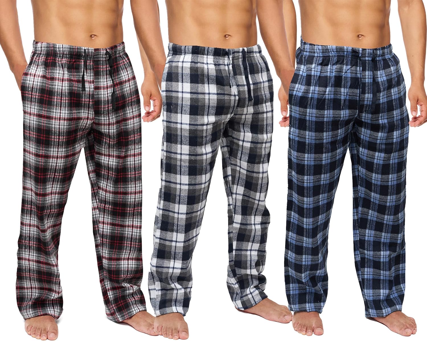 Active Club Men’s Flannel Pajama Pants 3 Pack– Soft Sleep & Lounge Pants with Pockets & Adjustable Drawstring