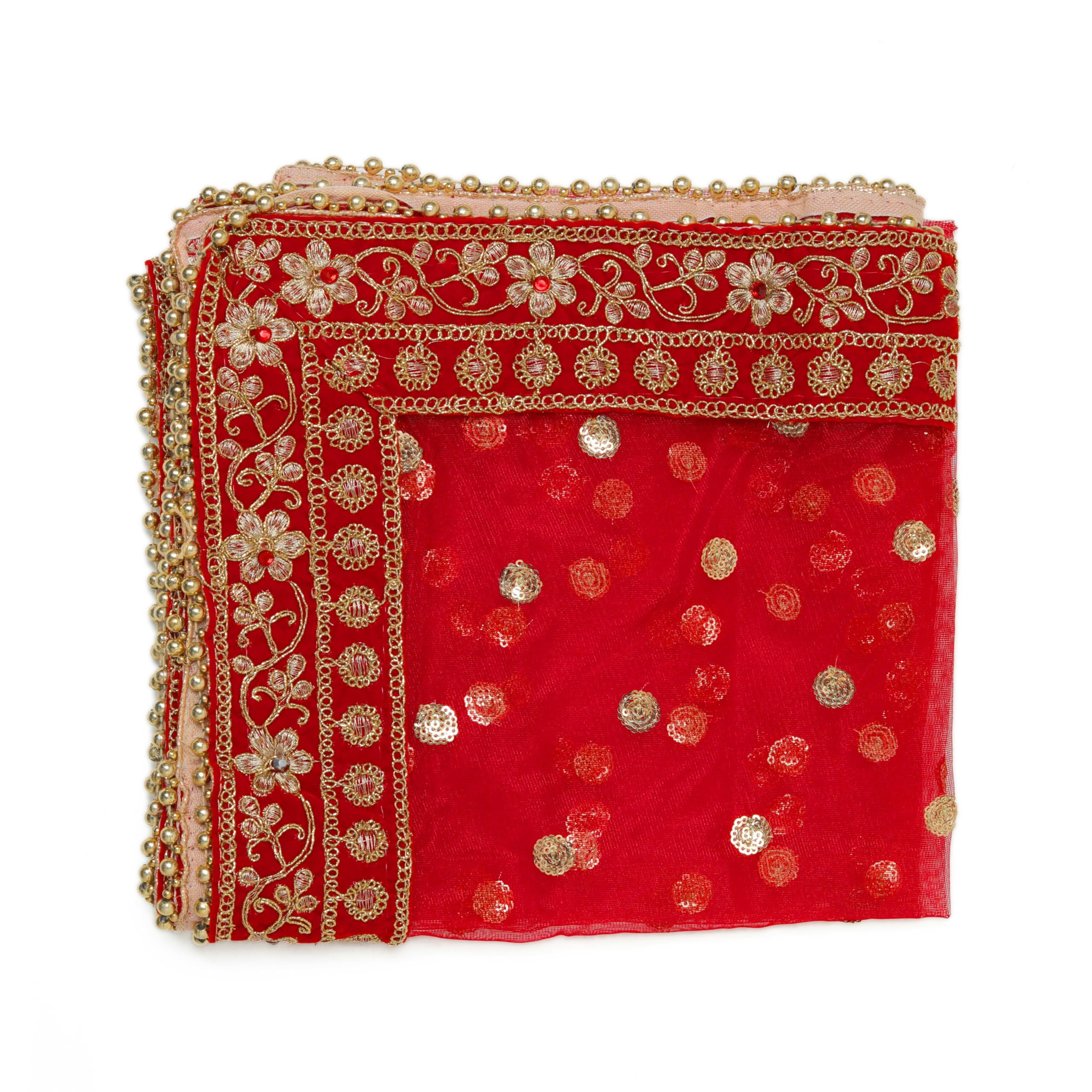 Red Decorative Backdrop Netted Cloth Pooja Chunari Chunri(Size :- 20 Inche x 42 Inche)Chunni Indian Traditional Puja Festival Decoration Chunr MATA Ki Chunri for Statue Chowki Aasan Mat Posters Frame