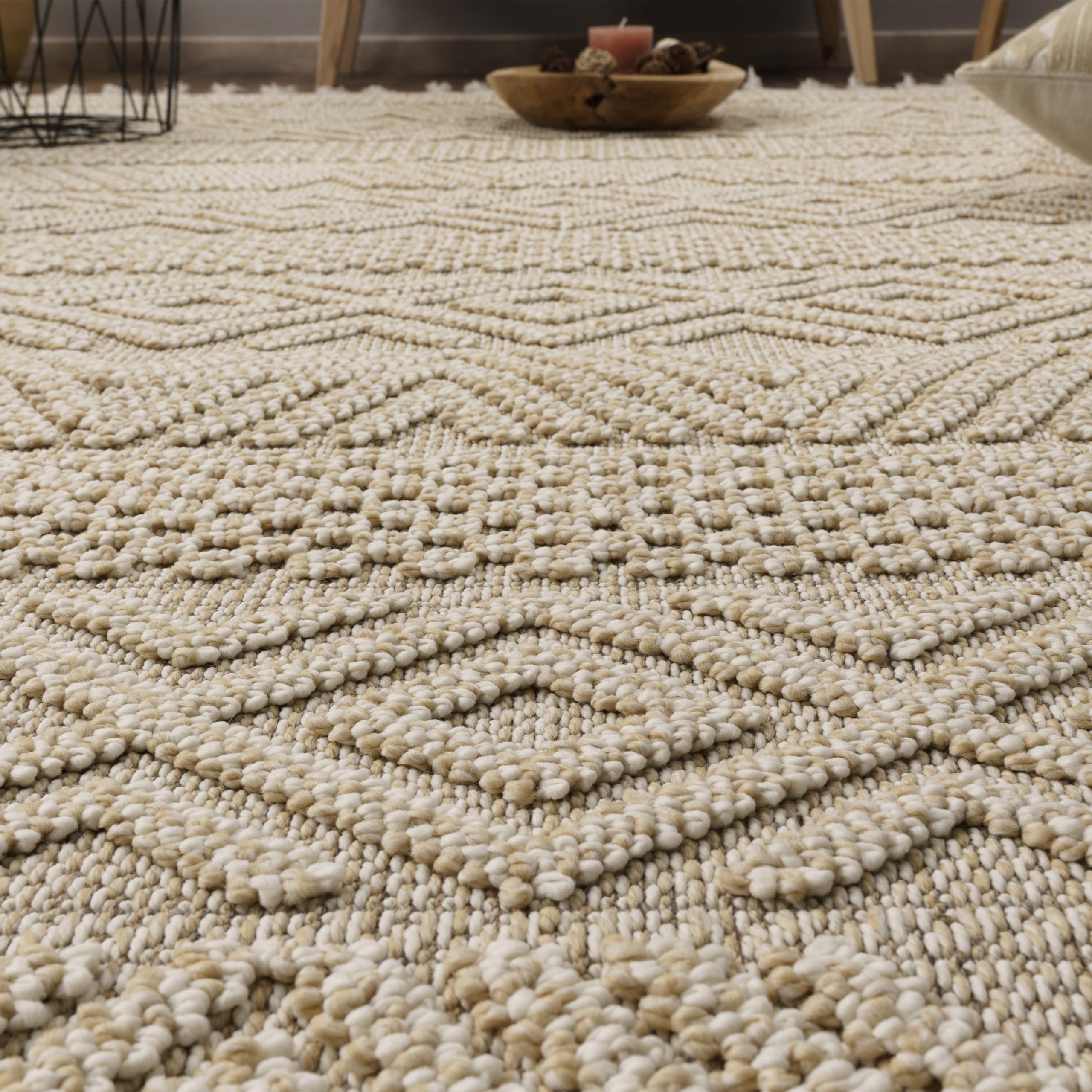 Paco Home Teppich Wohnzimmer Schlafzimmer Kurzflor Skandinavisches Boho Muster Geometrische Optik Einfarbig Moderne Deko, Grösse:160x220 cm, Farbe:Creme