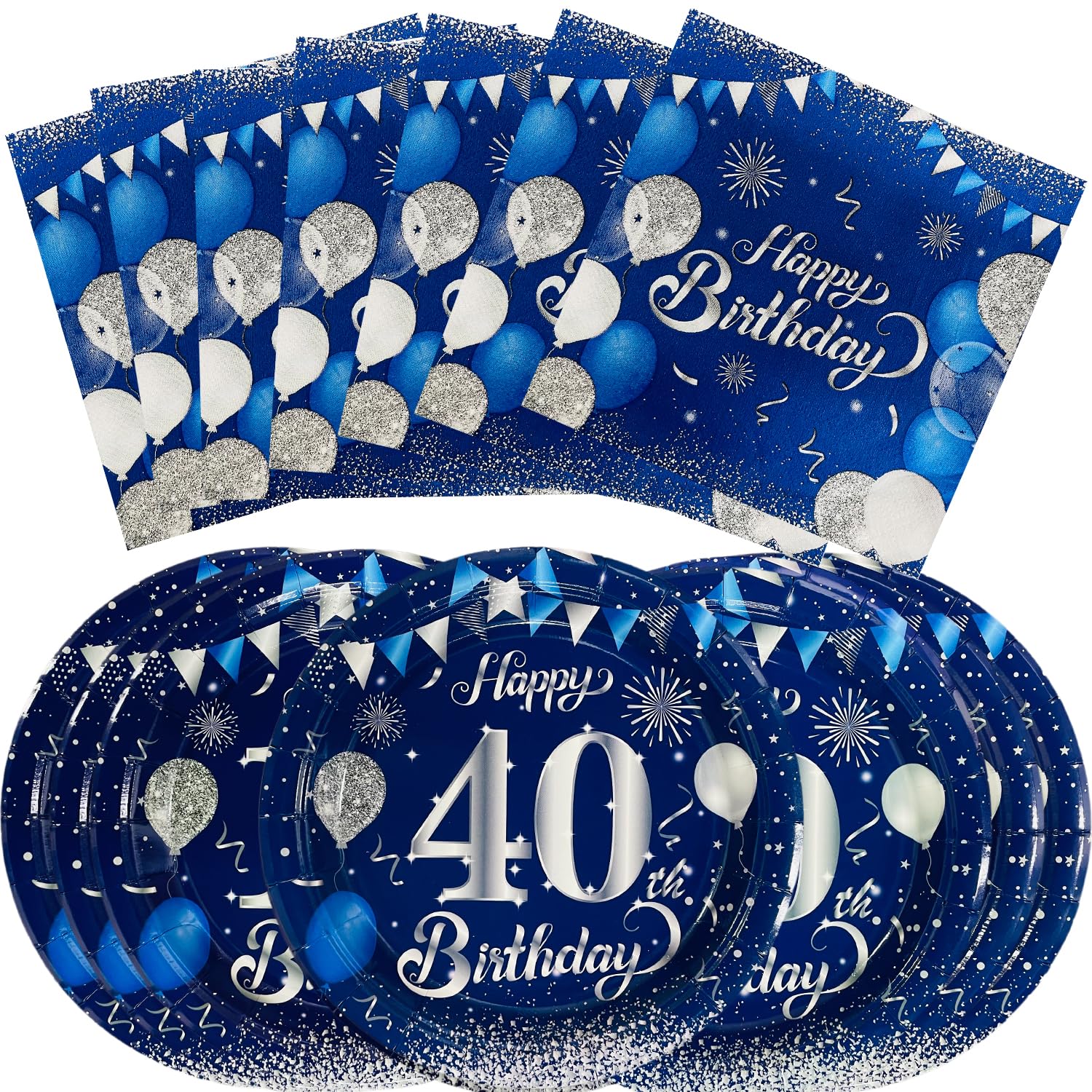 40PCS40 Birthday Party Supplies 40 Year Disposable Tableware Party Plates and Napkins Blue and Silver Birthday Table Decoration, Suitable for 20
