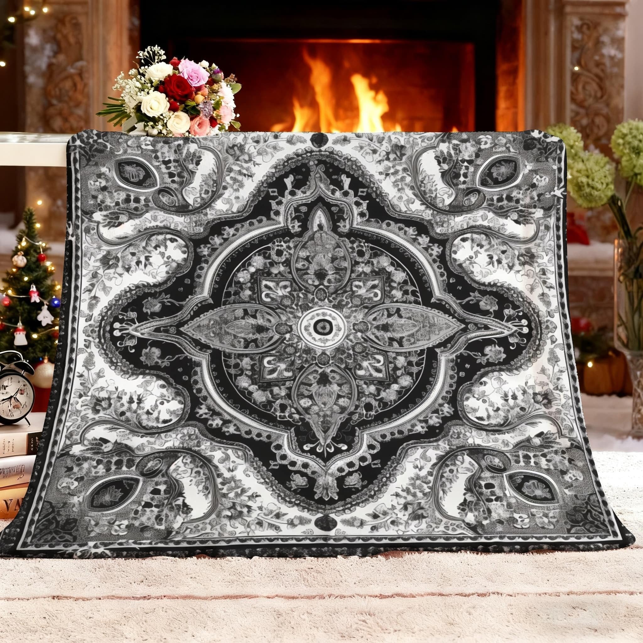 Przytulny koc 180 x 200 cm, XXL, abstrakcyjny wzór boho, super miękki i zimowy ciepły koc polarowy na sofę, kanapę i łóżko, szary, przytulny, przyjemny koc do mieszkania, koc na sofę