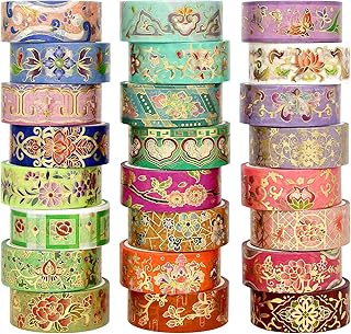 refustar 24 Rolls Washi Tape Set, Gold Foil Floral Decorative Tape for Scrapbooking, Bullet Journaling, Planner, DIY Craft...