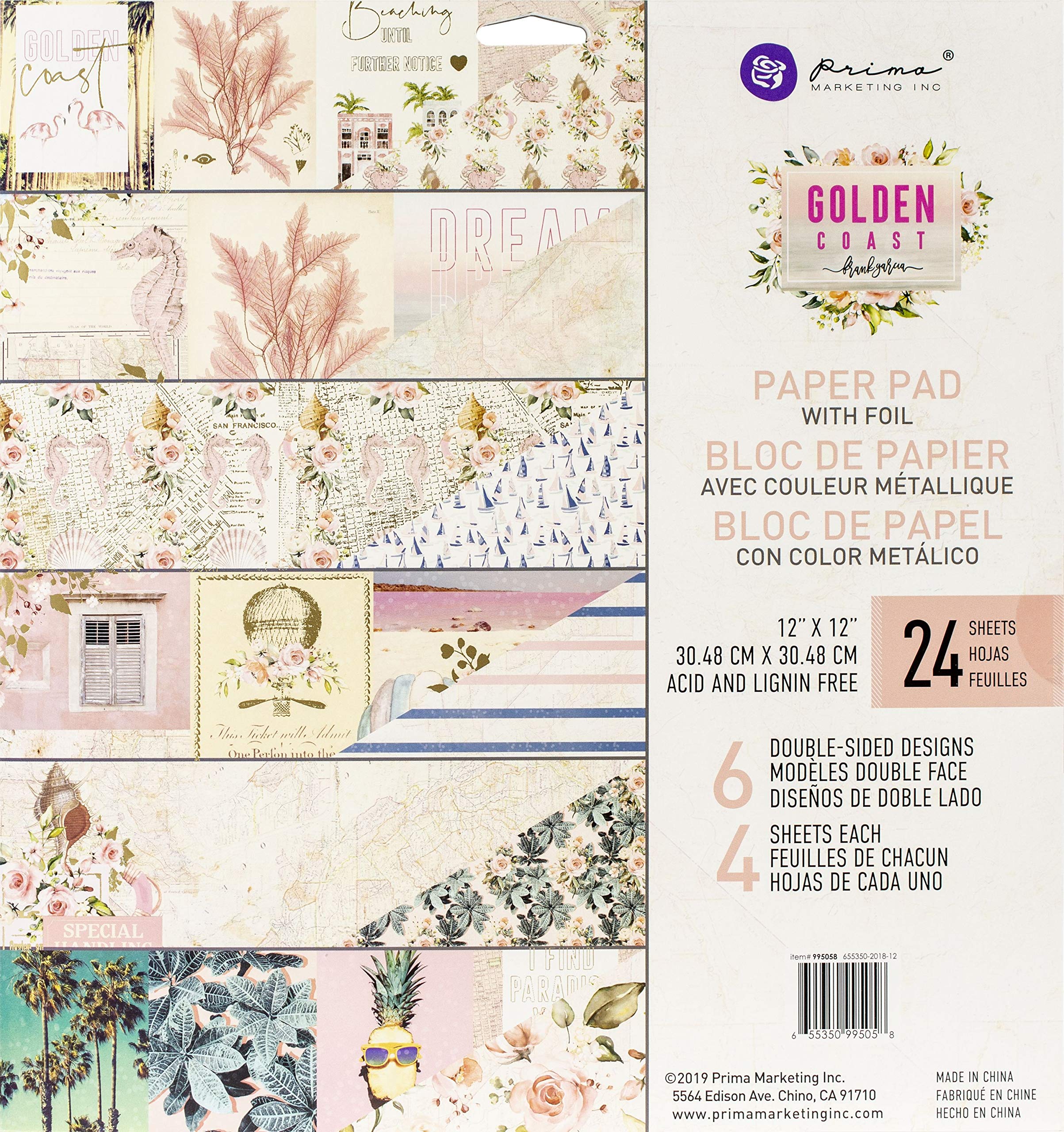 PRIMA MARKETING INCDouble-Sided Paper Pad 12"X12" 24/Pkg-Golden Coast, 6 Foiled Designs/4