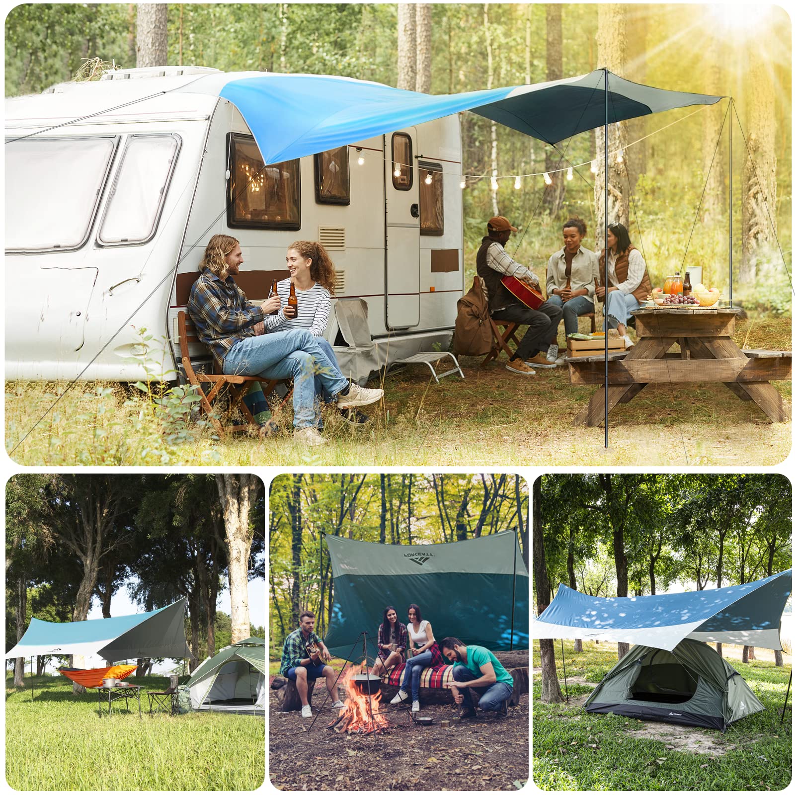 Forceatt Bâche de camping de 3,6 x 4,2 m avec 2 poteaux, imperméable et anti-UV (UPF50+), bâche légère pouvant être utilisée avec voiture, tente et hamac pour la randonnée, le jardin et les voyages.