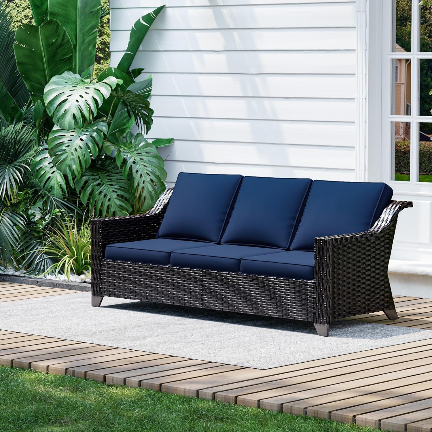 Patio Sofa, 3-Seat Outdoor Couch with Thickened Cushions, Wicker Patio Furniture Sofa High Back, Rattan Outdoor Sofa for Porch, Deck (Blue)