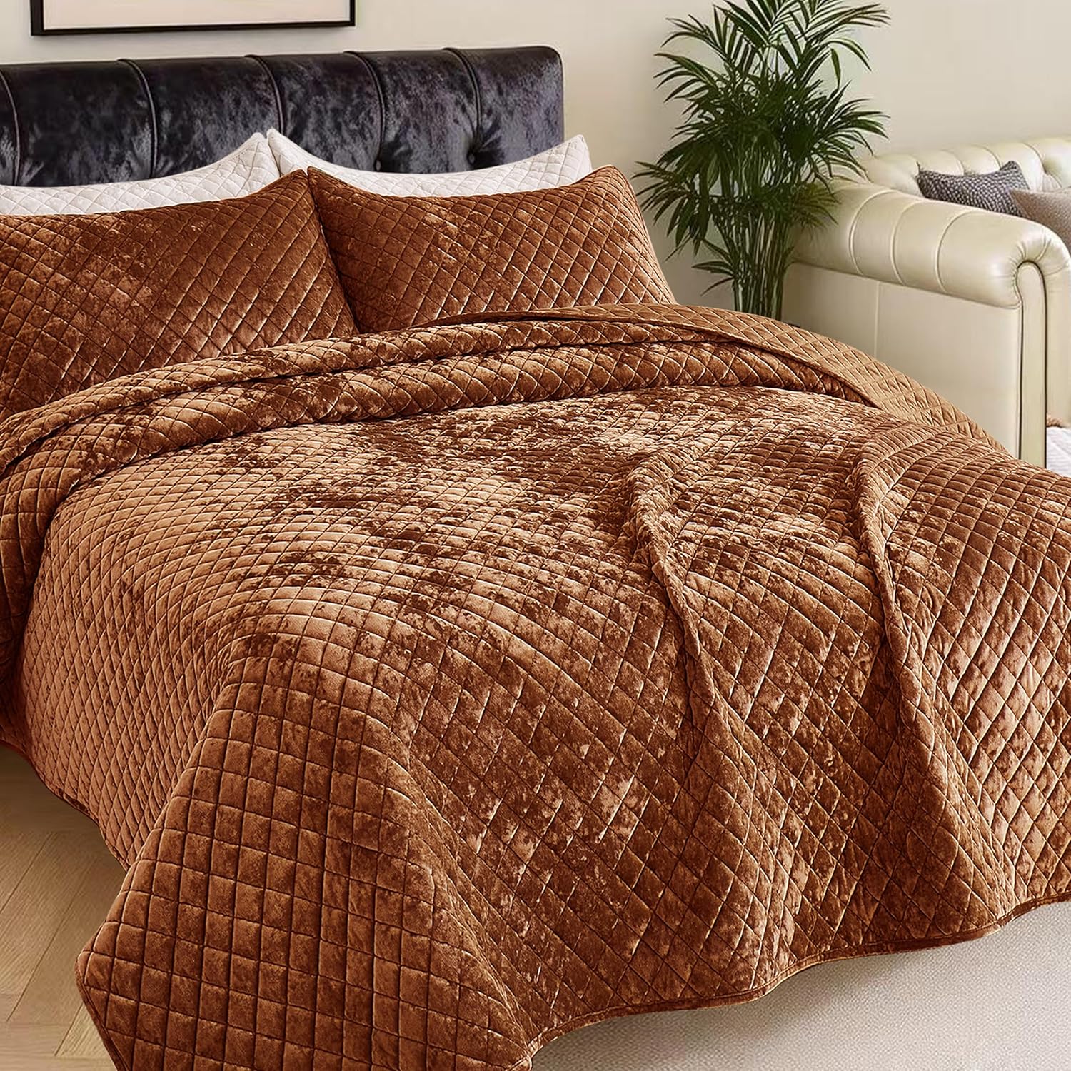 Velvet California King Quilt Size Set 106x118 Luxury Soft Bedspread Coverlet 3-Piece King Comforter Sets with 2 Pillow Shams 20x36 Super Cozy for All Seasons Velvet Bedding Set, Caramel - Image 9