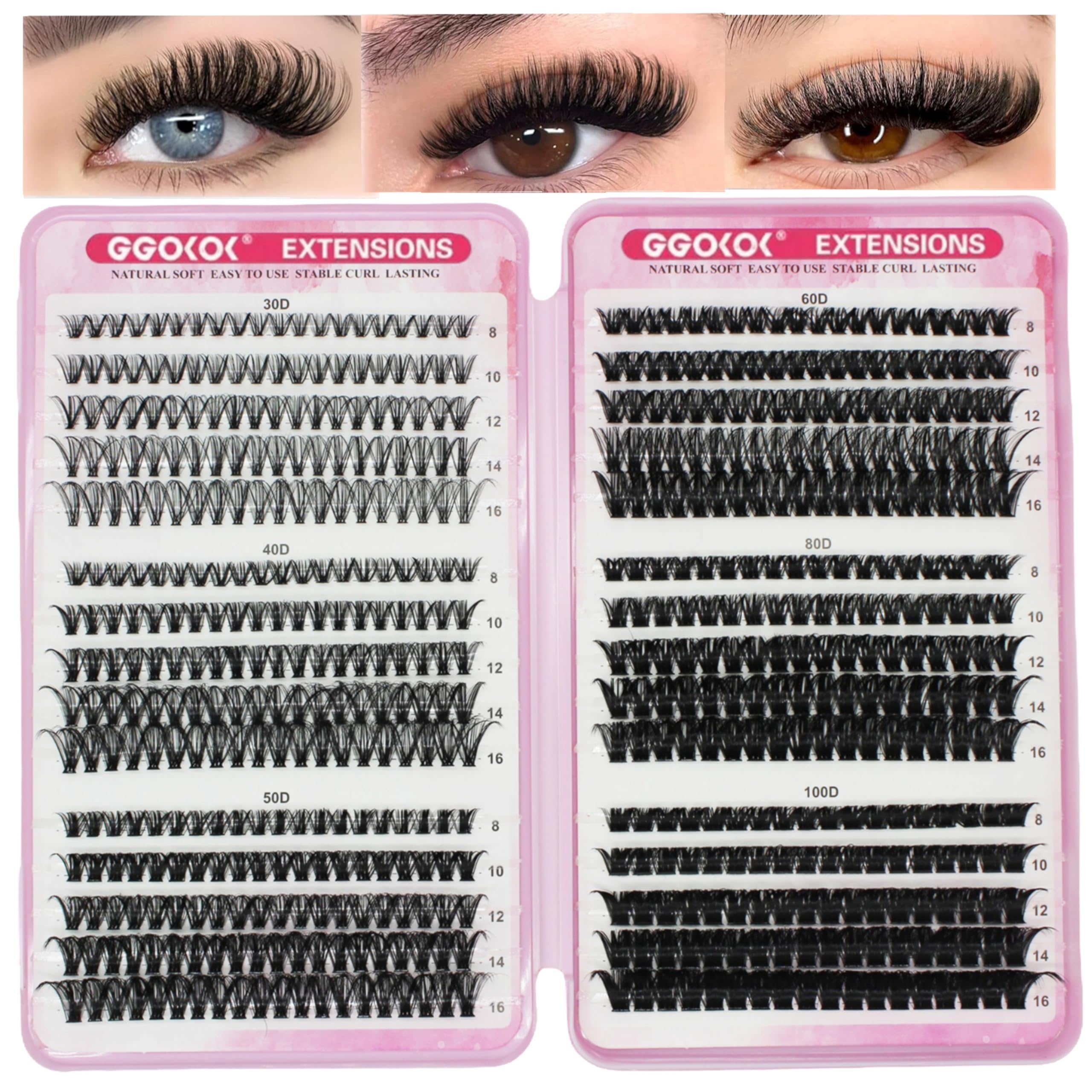 GGOKOK DIY Lash Clusters 30D+40D+50D+60D+80D+100D Fluffy Volume 8-16MM Thick Eyelash Extension Kit Individual Lash Russian Eyelashes Extensions Wispy Lash Clusters(30D-100D)