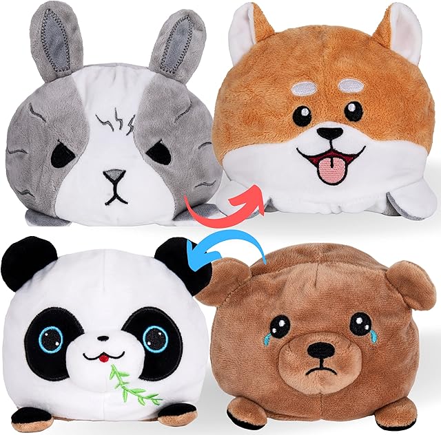 Panda -Teddy Bear & Corgi Dog - Bunny Reversible Plushie to Express Happy Sad Mood - Cute like Reversible Octopus Plush - 2 Pack Soft Toys Gift like Teddy Plushie or Octopus Reversible Plushie