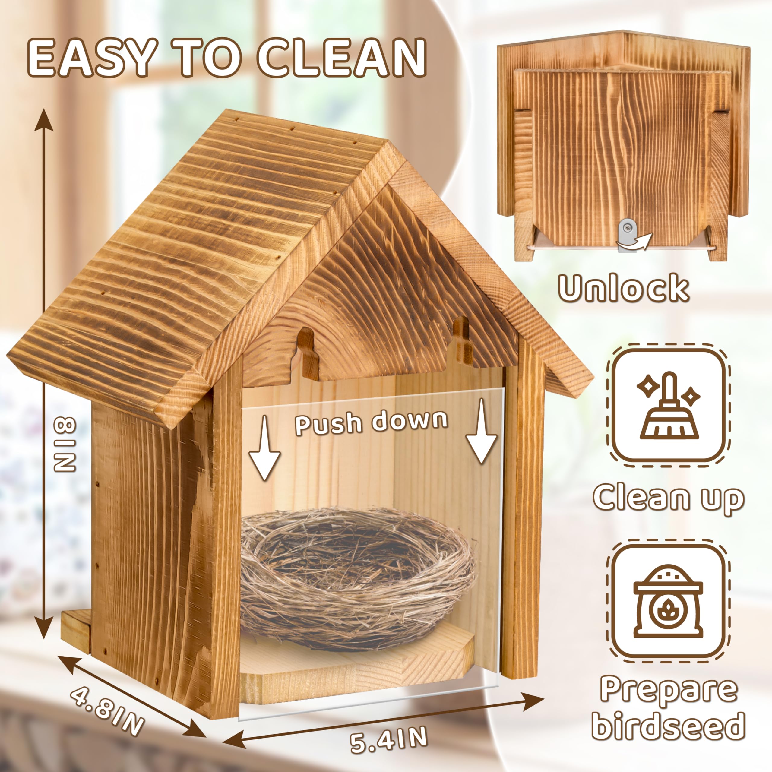 Casas para pájaros con ventana para exteriores con 2 potentes ganchos, casa de pájaros con ventana transparente para ver en el interior, casas de pájaros de madera colgantes para pintar al aire libre, 3