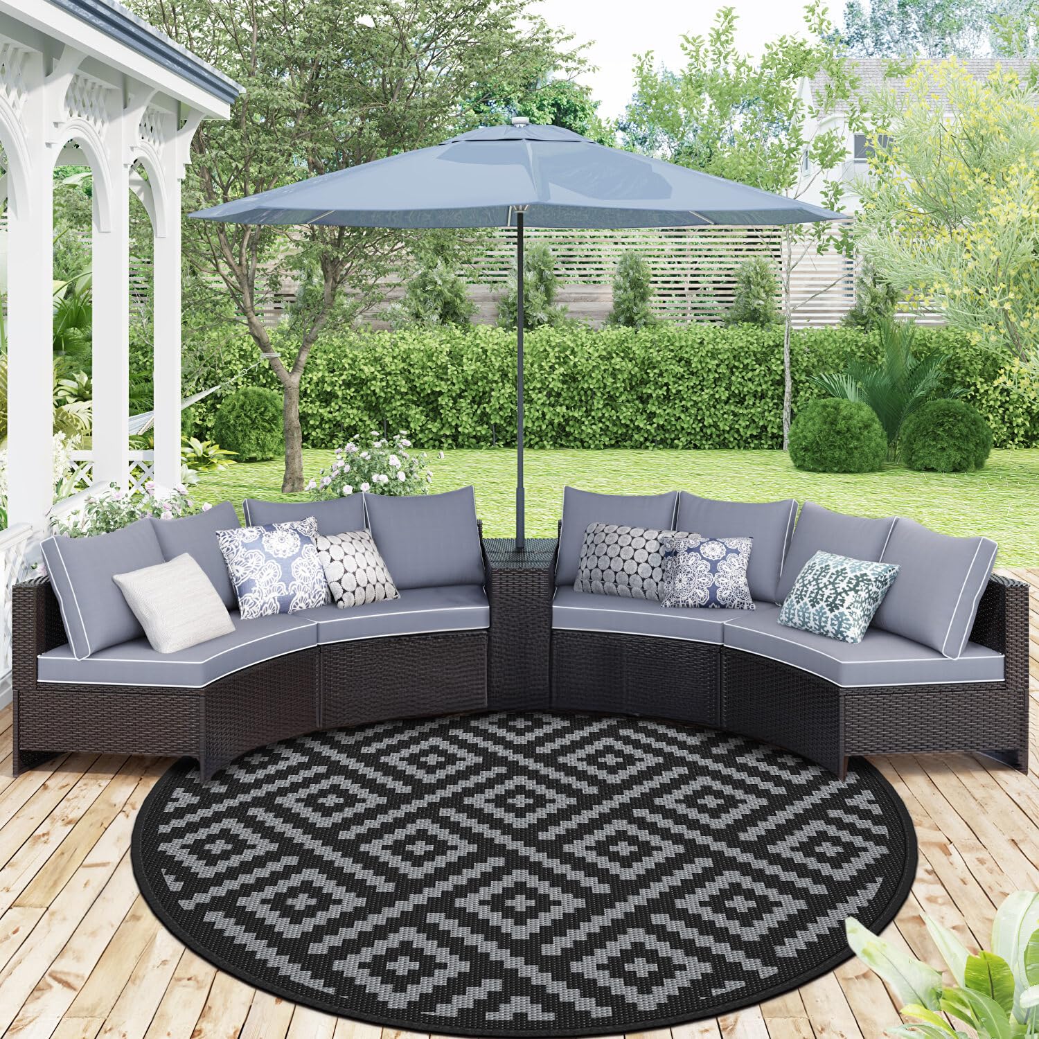 genimo 10' round outdoor rug for patios clearance, reversible plastic straw rugs, rv camping mat for camper, balcony, backyard, picnic, deck, black & gray