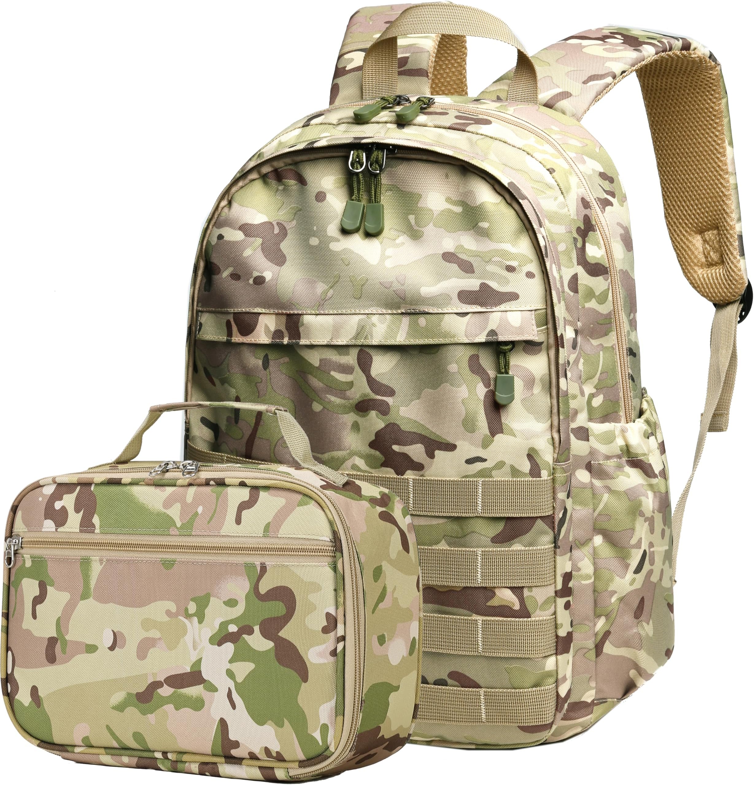 Boys Backpack With Lunch Box Waterproof Kids School Bag Outdoor Travel Camping Daypack Camo Backpack for Boys Rucksack (Amy Green With Lunch Box, Large)