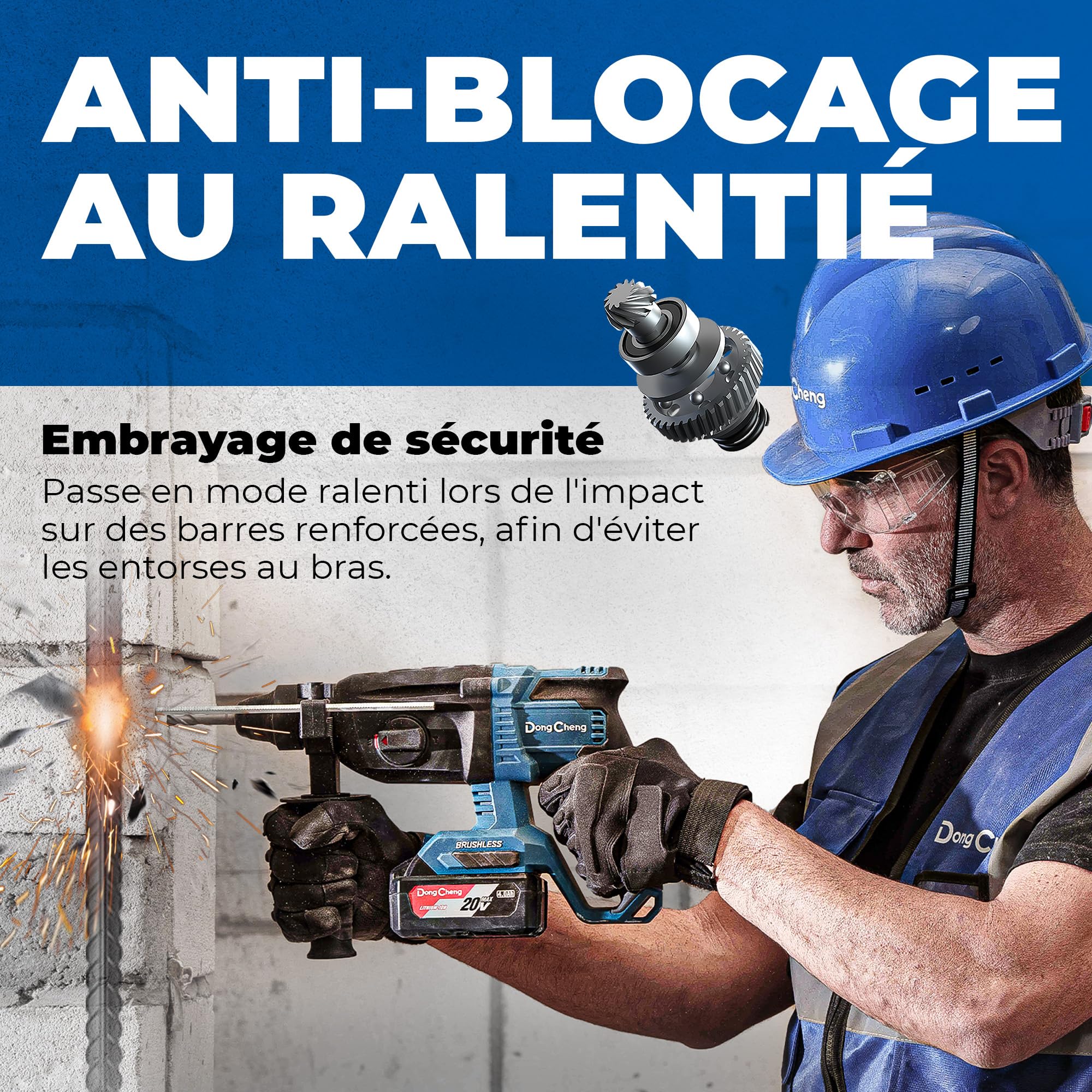 Dong Cheng Marteau perforateur sans fil 18V, énergie de frappe 2,8 J, avec 4 bits SDS-plus, diamètre de perçage maximum 28 mm, moteur de marteau perforateur sans balais, poignée anti-vibration
