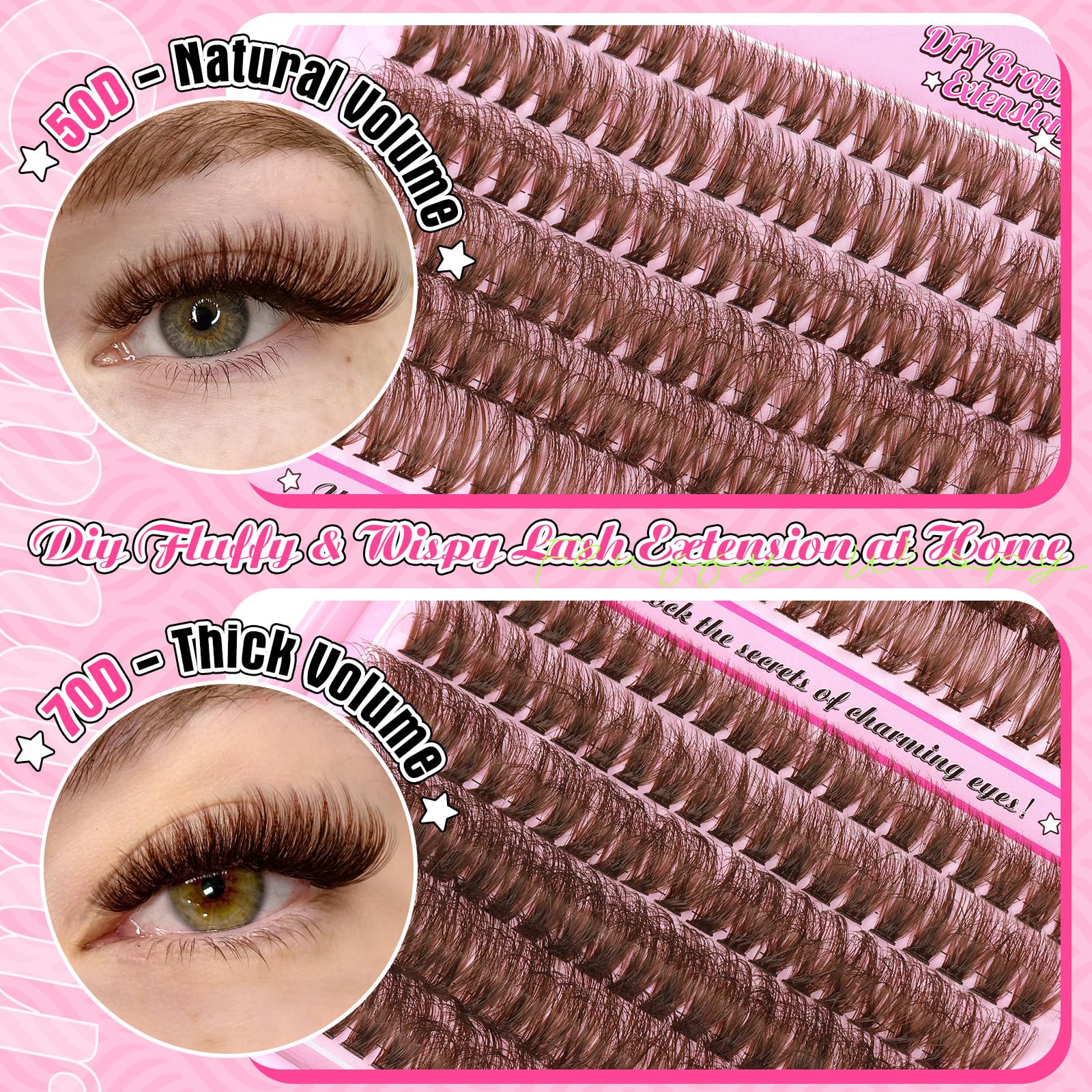 Brown Cluster Lashes Kit Fluffy Eyelashes Individual Kit D Curl Lashes Individual Cluster 10-18MM with Lash Bond and Seal Lash Tweezers Eyelash Extension Kit 50D+70D Brown Lash Cluster Kit DIY at Home - Image 2