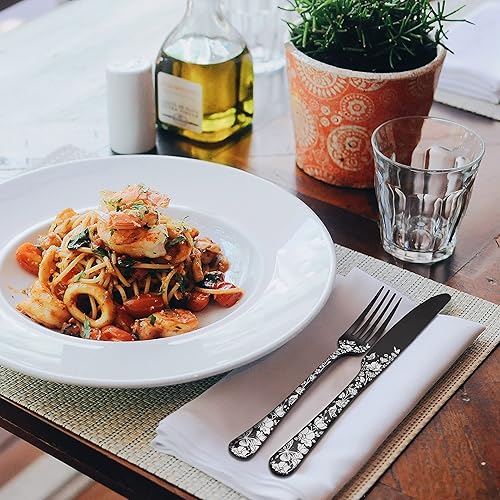 Miniatura 6 de Stapava Juego de cubiertos negros de 24 piezas con cuchillos para carne para 4 juego único de cubiertos de acero inoxidable incluye juego de