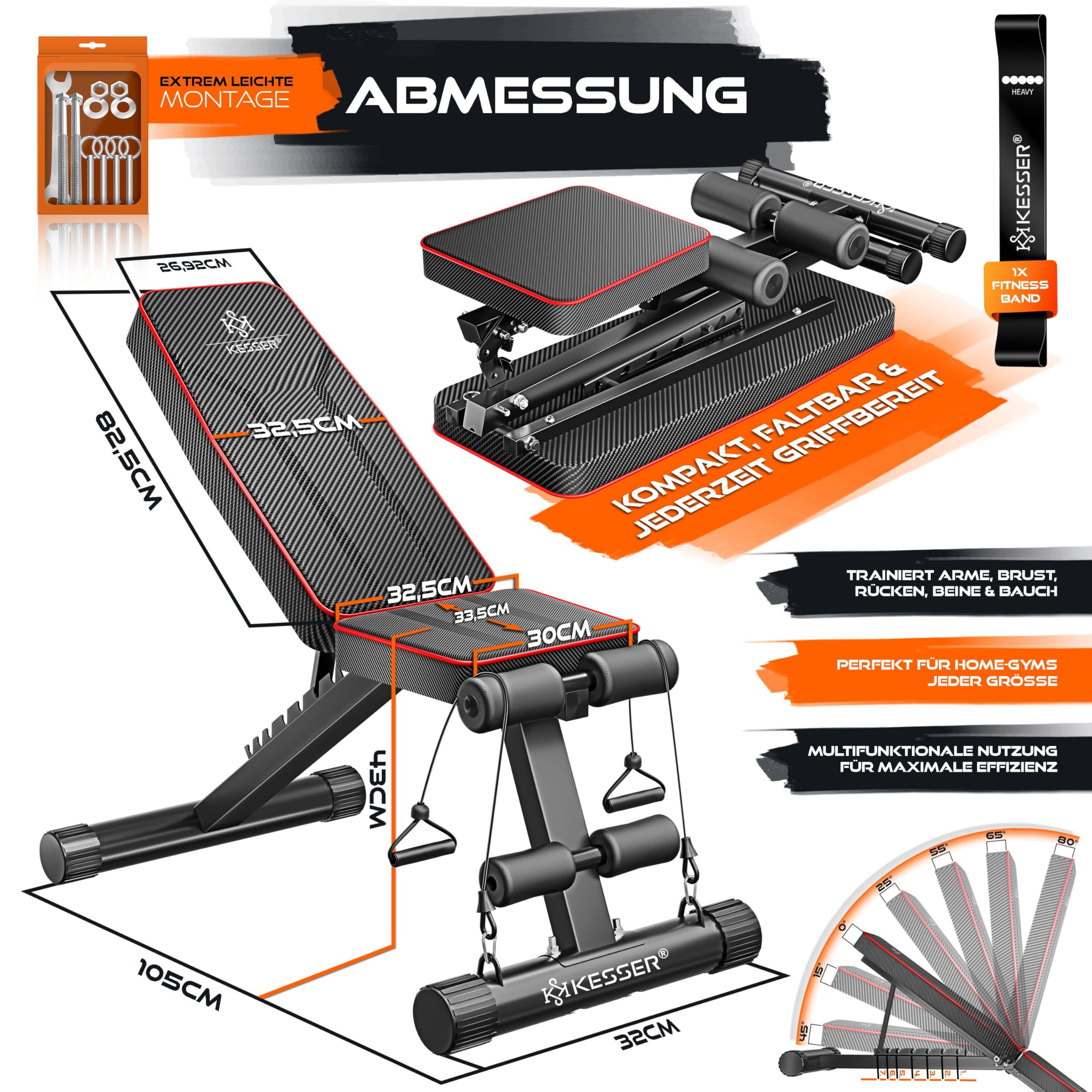 KESSER® Banc de musculation pliable multifonction avec dossier - Charge maximale : 500 kg - Appareil de fitness réglable pour développé couché - Entraînement complet du corps - Banc incliné pour