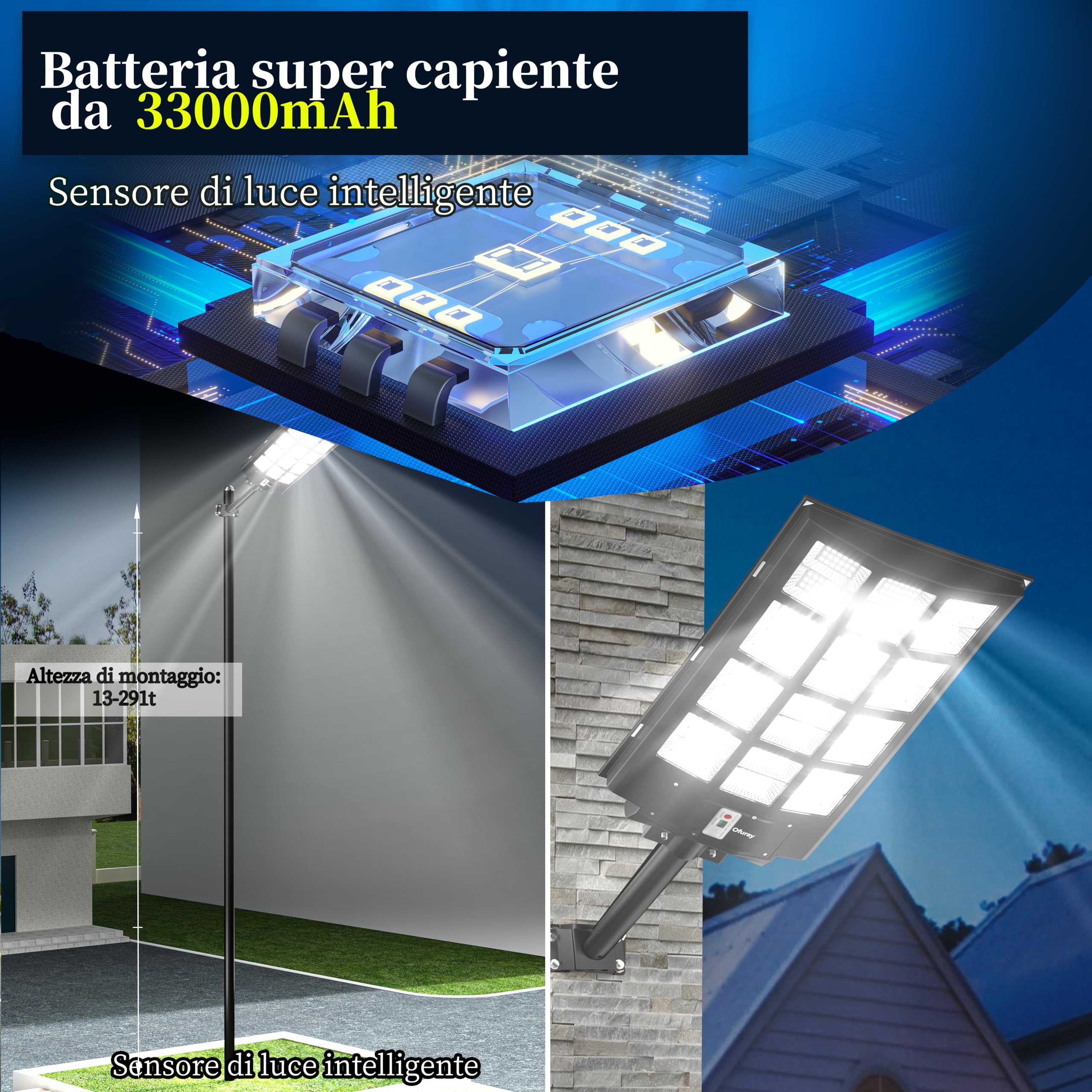 Ofuray 6000W Lampione Solare LED Esterno, 600000LM Luce Solare Led Esterno con Rilevatore di Movimento, Luci dal Tramonto all'alba, IP67 Impermeabile con 3 Diverse Impostazioni di Tempo per la Strada