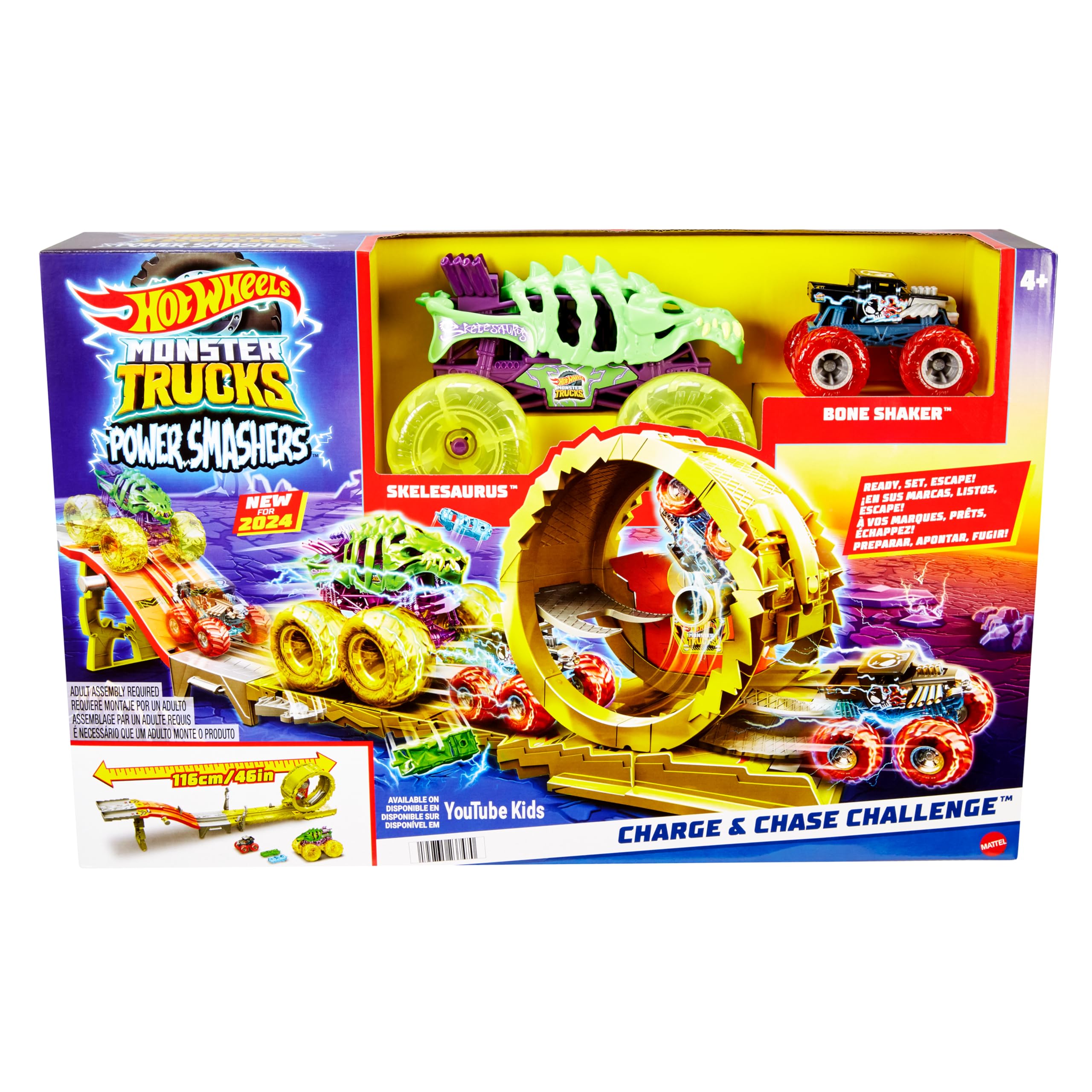 Hot Wheels Monster Trucks Trackset mit 2 Spielzeugtrucks: extragroßer Skelesaurus und 1 Bone Shaker im Maßstab 1:64, Race & Chase Challenge mit 2 zerdrückten Autos, HYT07