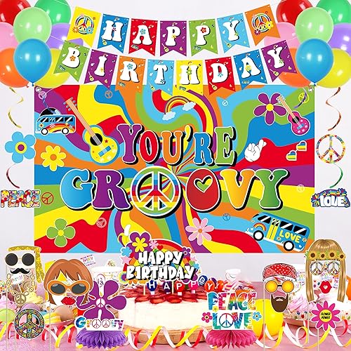 Miniatura 7 de Crenics Decoraciones para fiestas temáticas de los años 60: telón de fondo retro groovy, pancarta, remolinos colgantes, centros de mesa, accesorios