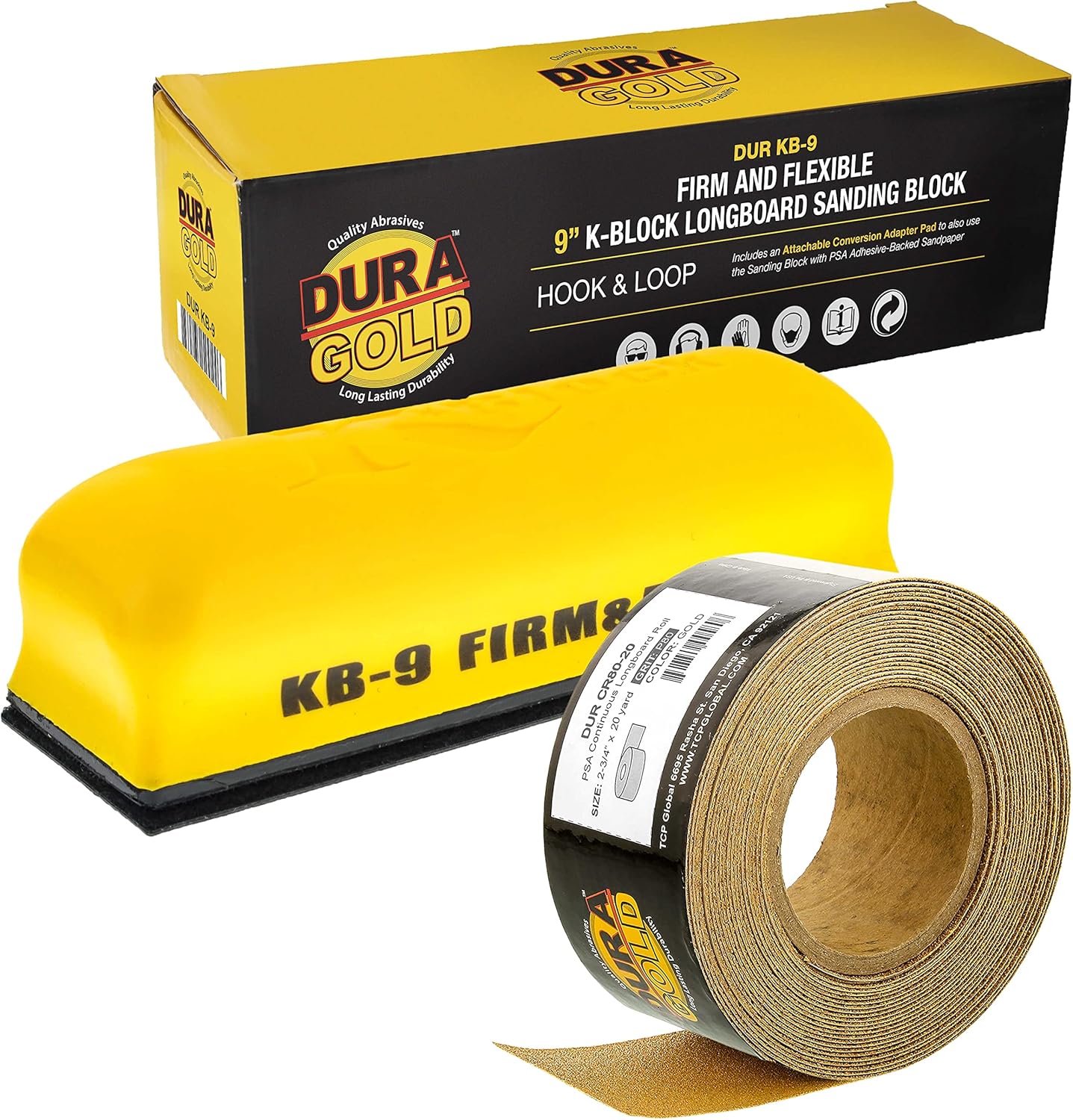 Dura-Gold Pro Series 9" K-Block Sander Firm & Flex Hand Sanding Block Pad with Hook & Loop Backing and PSA Sandpaper Adapter Pad & 320 Grit PSA Longboard Sandpaper 20 Yard Roll, 2-3/4" Wide