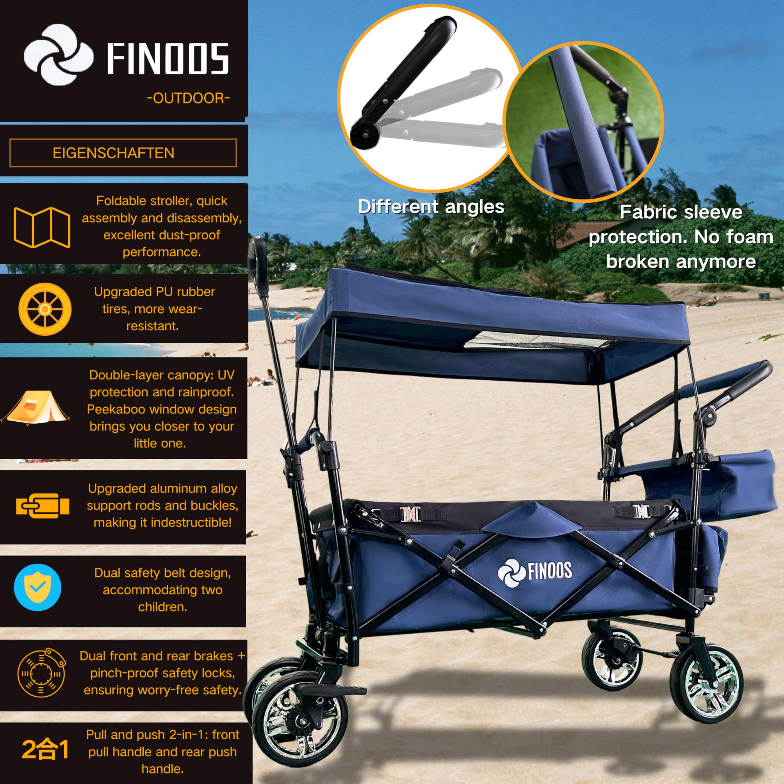 FINOOS Chariot de Transport Pliable avec Toit | Charrette à Bras | Chariot à roulettes | Remorque de Transport | 2 Poches en Mesh et Une Poche extérieure fournies | Pliable (Bleu Marine)