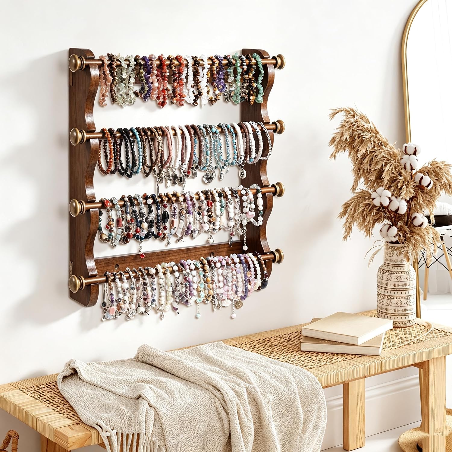 4 Tier Wooden Bracelet Holder Wall-Mounted Bangle Watch Necklace Display image 3