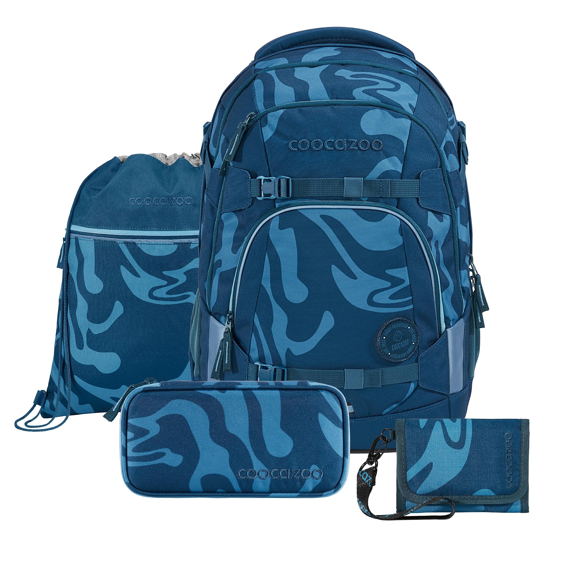 coocazoo Schulrucksack-Set Mate „Breaking Waves, blau, 4-TLG. | ergonomischer 30L Tornister, höhenverstellbar mit Hüftgurt, für Kinder ab der 5. Klasse