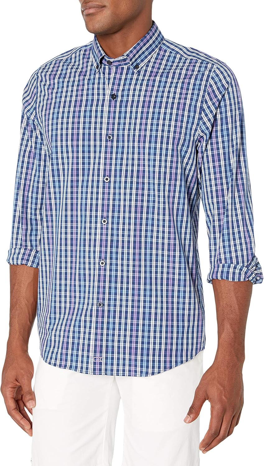 Cutter & Buck Men's Long Sleeve Anchor Double Check Plaid Tailored Fit Button Up Shirt