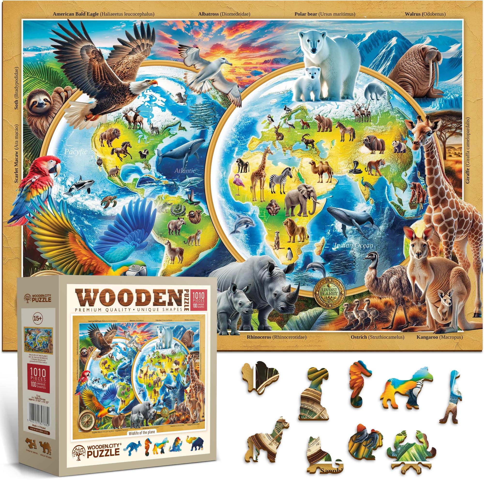WOODEN.CITY Holzpuzzle Wildlife of the Planet - 1000 Teile Holzpuzzle für Erwachsene mit 100 einzigartigen Tierformen - Premium Öko Holzpuzzles für Erwachsene 1000 Teile - Hergestellt und entworfen in