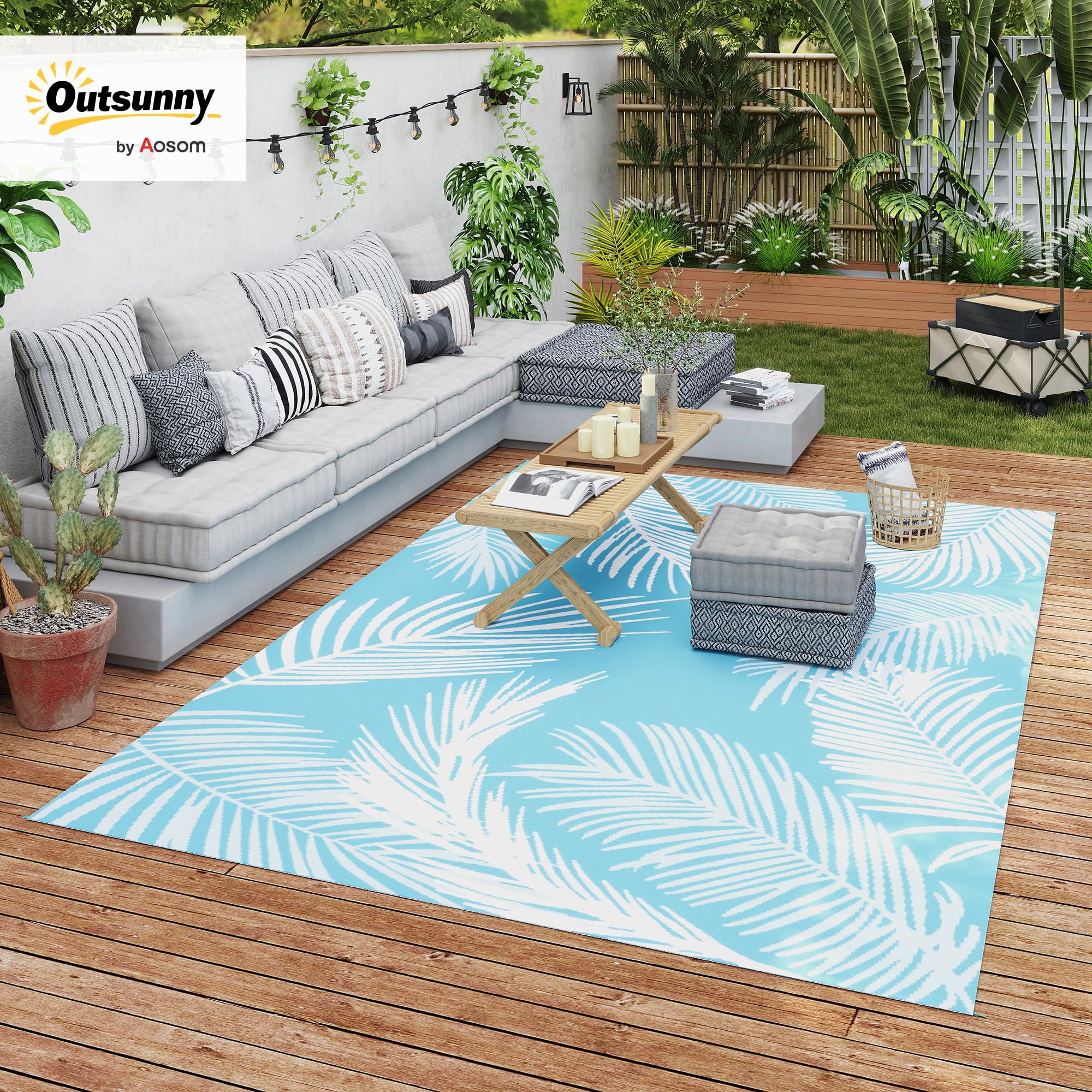 Outsunny Tapis d'extérieur réversible 274x182 cm, Tapis de Sol en PP, Portable et résistant aux intempéries, Sac de Transport Inclus, pour terrasse, Patio, Balcon, Bleu
