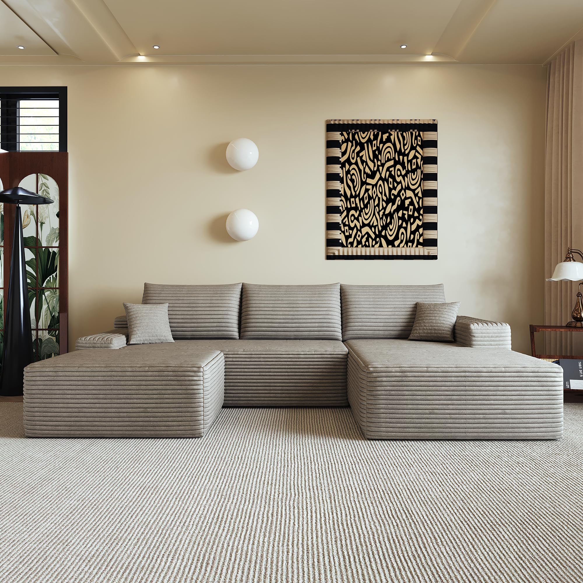 Sapgaks Canapé d'angle Convertible modulaire sans Cadre 270cm,canapé 3 Places avec méridienne à Gauche,Pouf,canapé Convertible en Velours côtelé,Assise Profonde,sans Montage,Camel