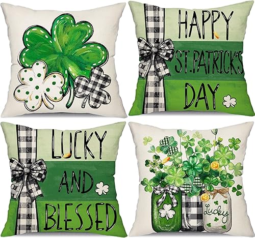 DFXSZ Juego de 4 fundas de almohada del Día de San Patricio de 18 x 18 pulgadas, decoración de tréboles verdes de la suerte para cojines, fundas de
