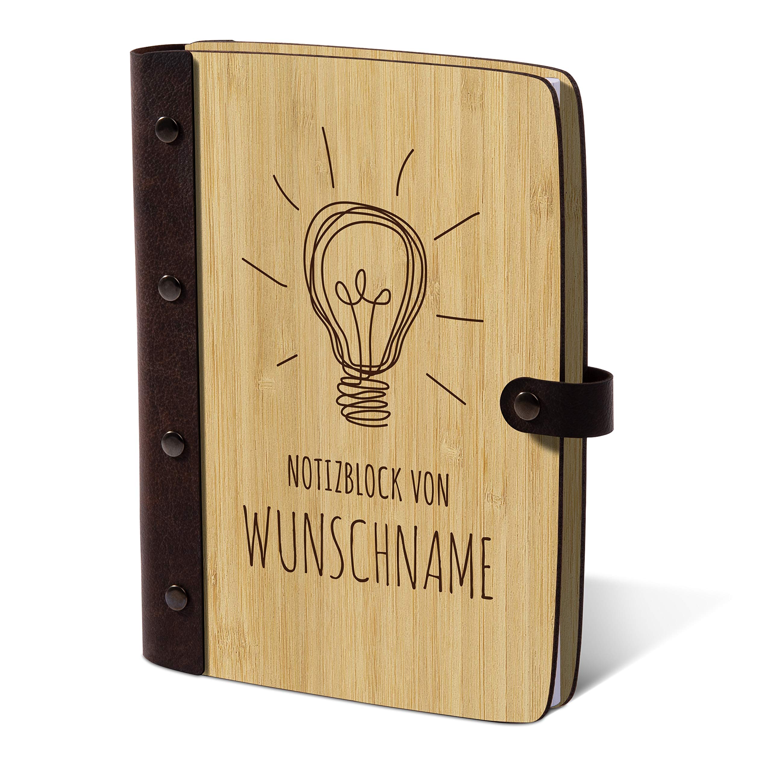 Notizbuch Holzcover individuelle Gravur mit Echtleder Rücken 72 Blatt | 144 Seiten A5 hoch 158x222mm Bambus - Glühbirne