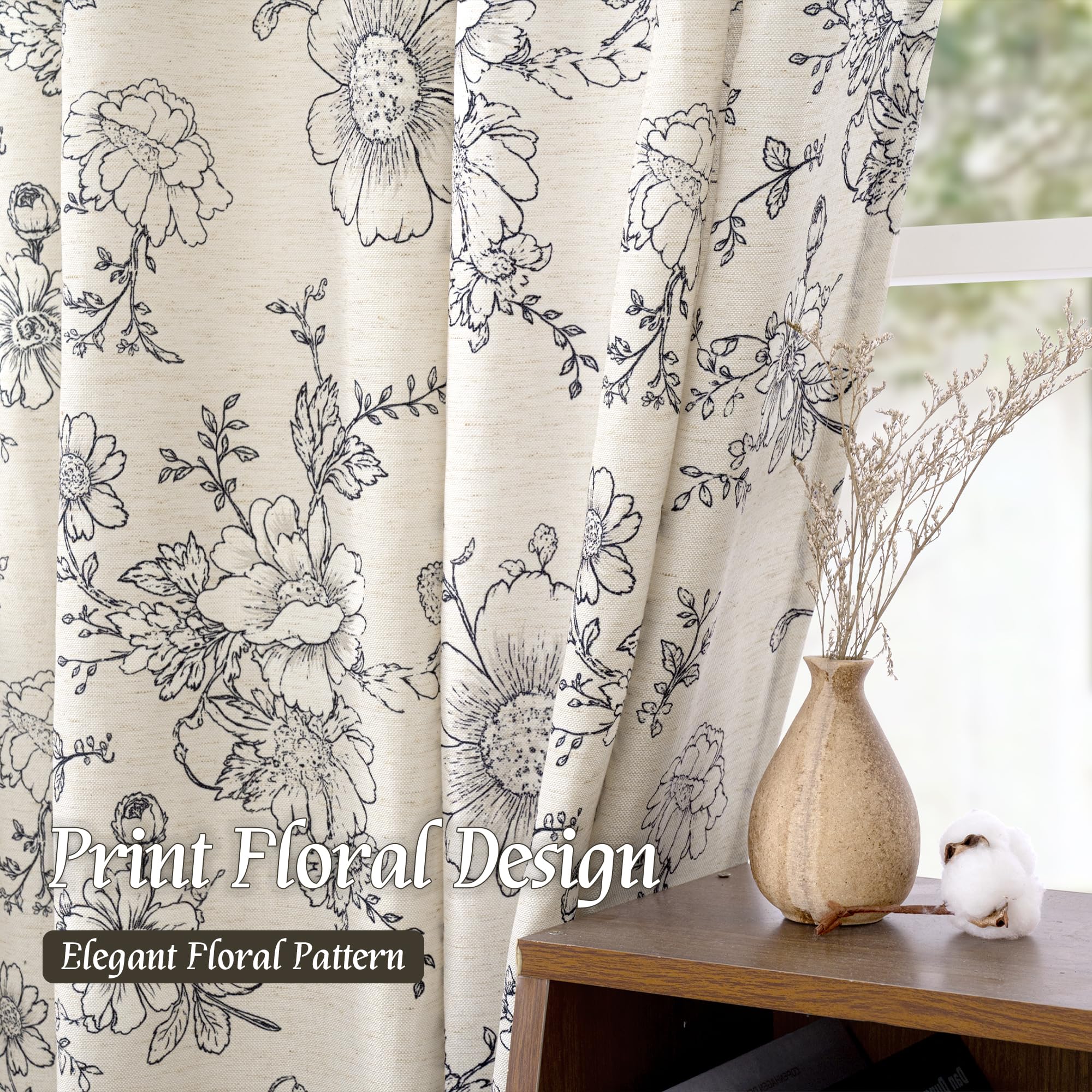 Vintage Floral Linen Curtains - 84 Inch Panels -5