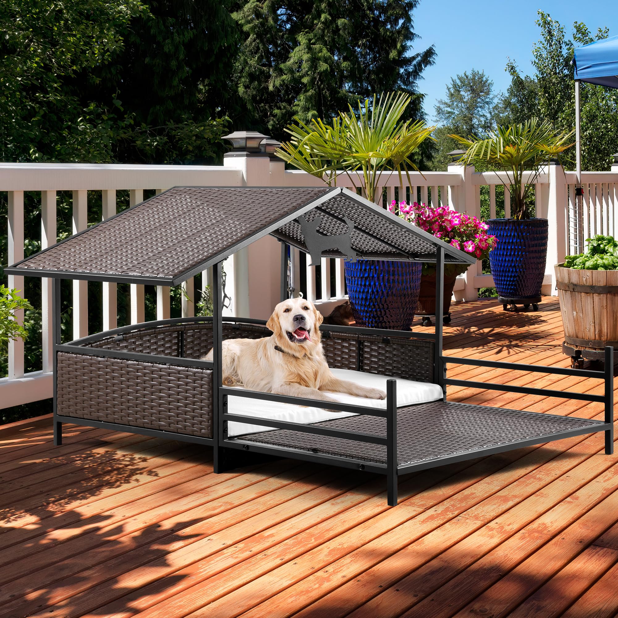 YITAHOME 32.9in Large Wicker Dog House with Cushion Outdoor Indoor Rattan Doghouse Elevated Raised Dog Bed with Canopy Water Resistant Dog Cot for Small, Medium, and Large Dogs