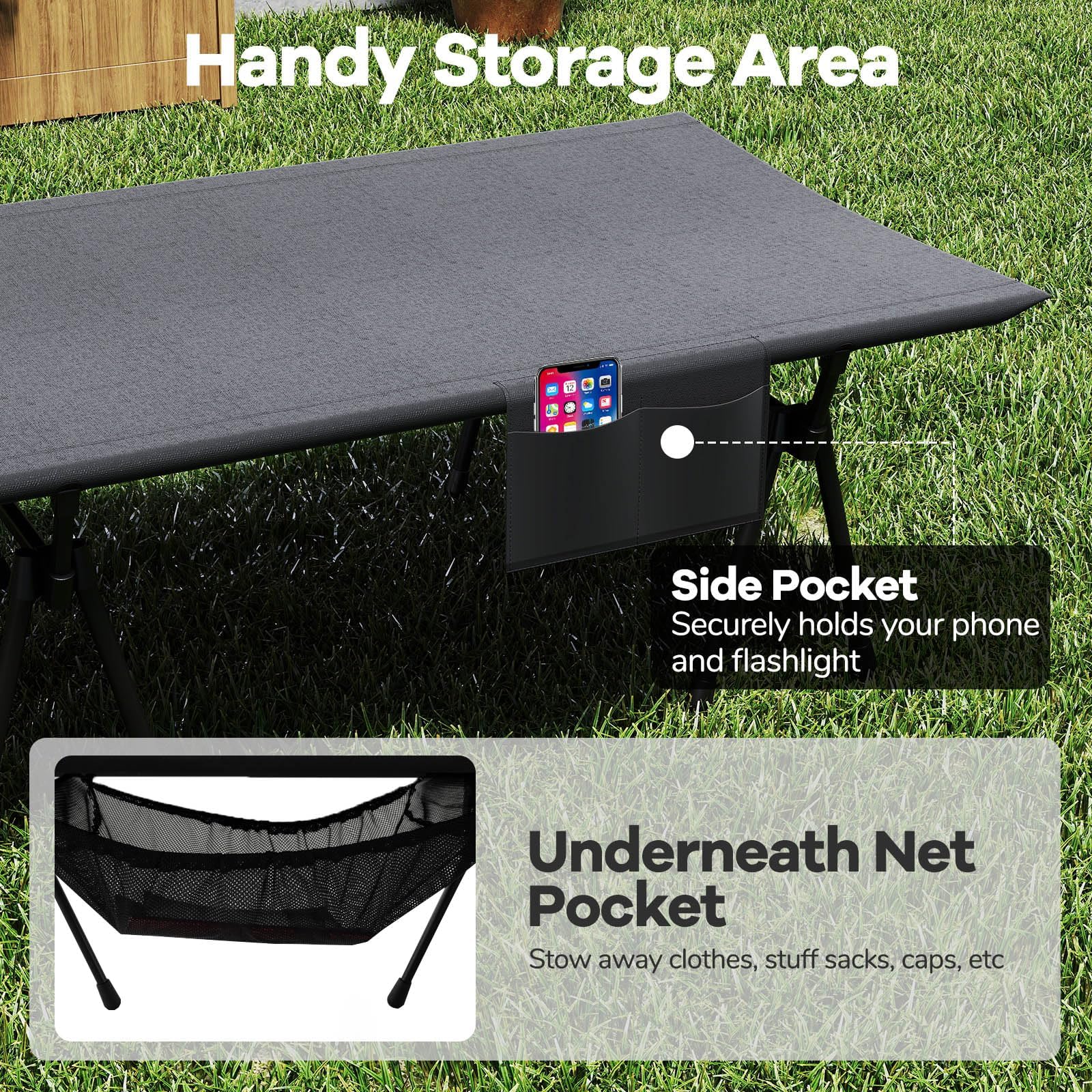 FANTASK Feldbett klappbar, 193 x 70 cm, Campingbett höhenverstellbar bis 150 kg, Campingbett faltbar mit Beinerweiterungen, Seitentasche & Netztasche, für Camping, Reisen, Schwarz