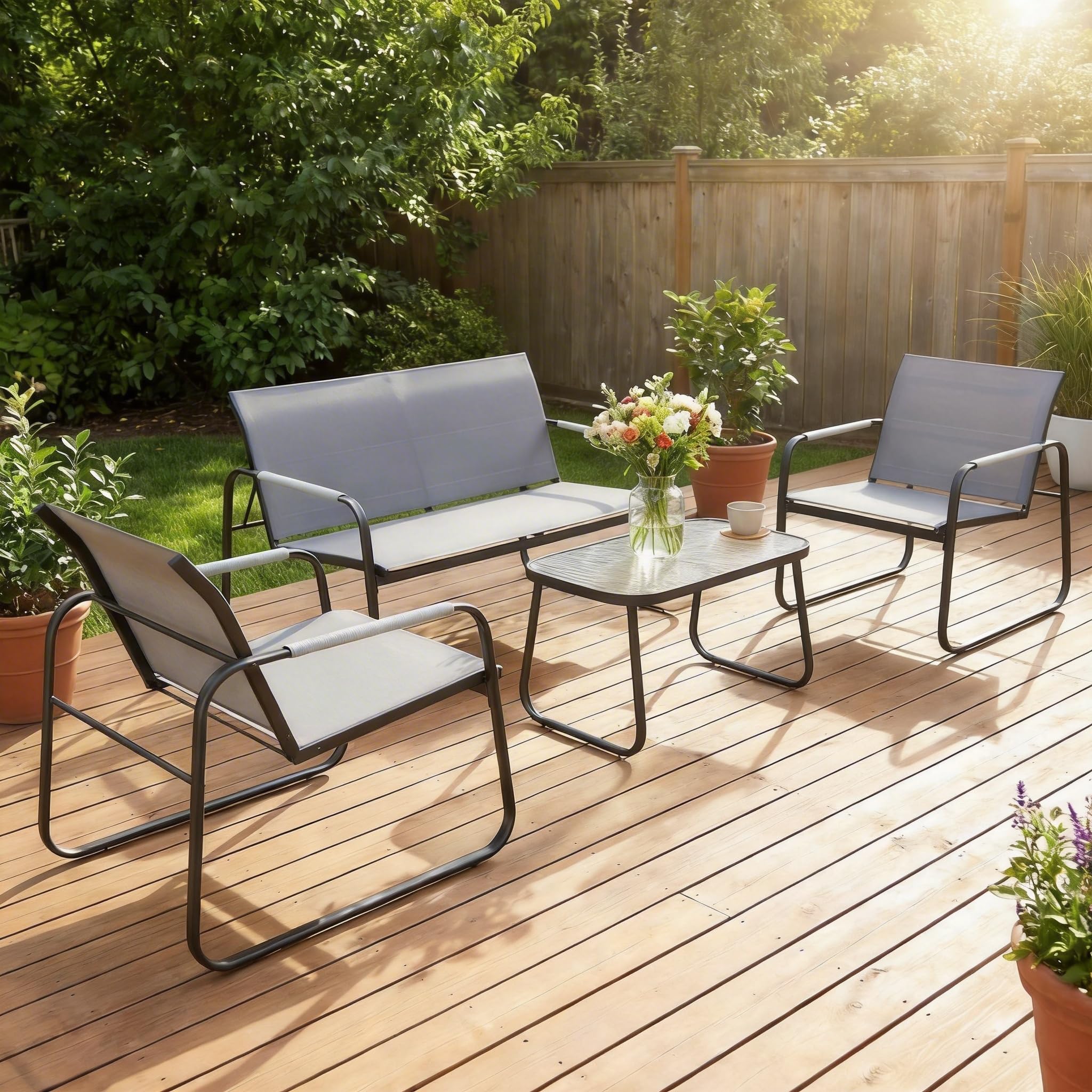 Outsunny Set Salotto da Giardino 4 Pezzi, Mobili da Giardino in Texteline con Tavolo in Vetro Temperato, Acciaio, Grigio