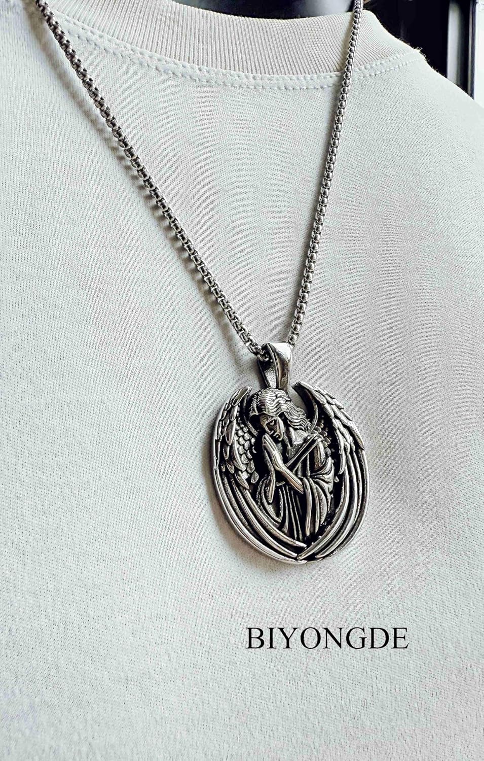 Vintage Praying Guardian Angel Medallion, Antique Silver Stainless Steel Religious Amulet,Prayer with Wings Pendant Necklace, Classic Christian Jewelry for Faith and Protection - Image 2