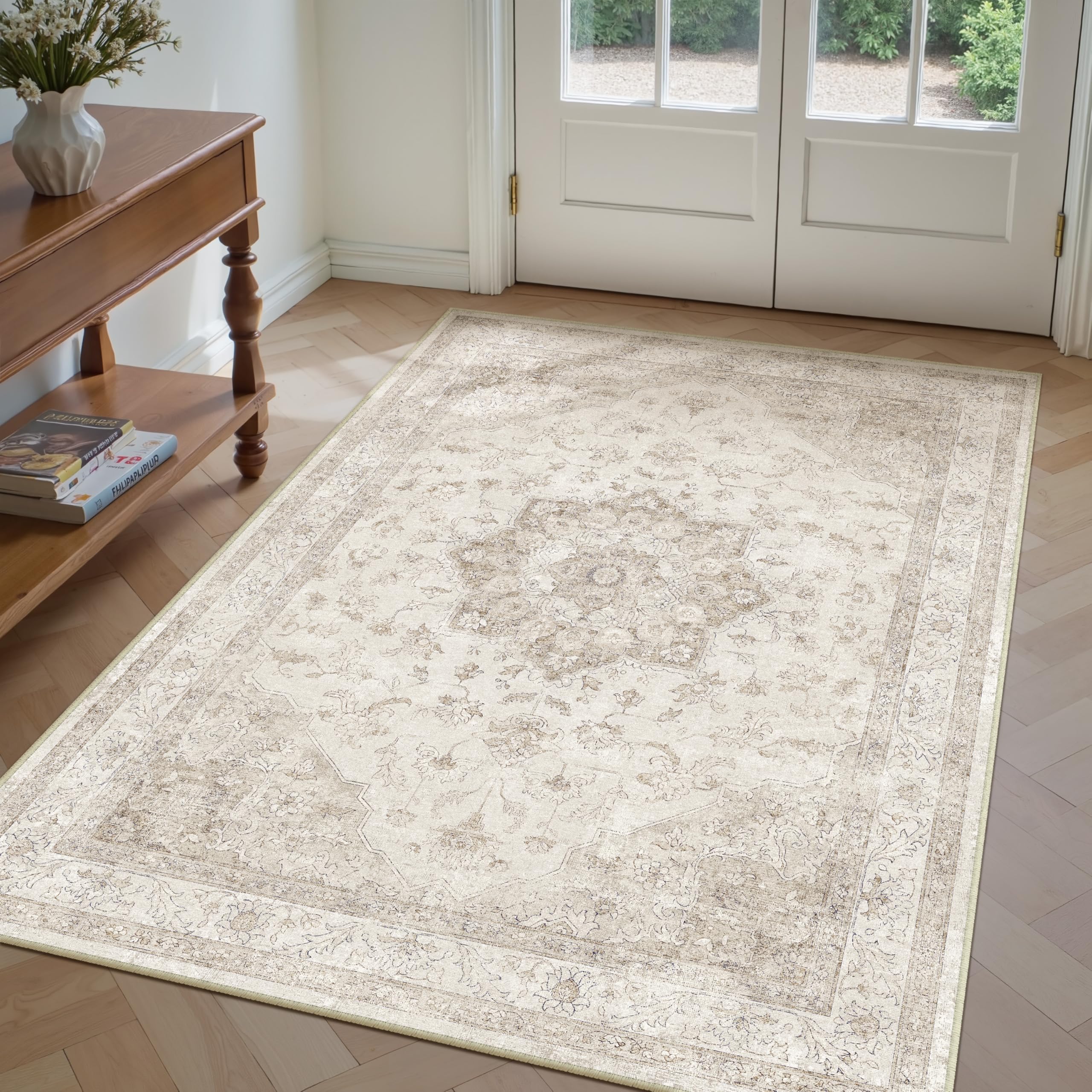PureCozy Vintage Washable Beige Rugs Living Room Area Rug 140x200cm Bedroom Large Non Slip Soft Carpet Kitchen Bedroom Dining Room Office Indoor Low Pile Carpets