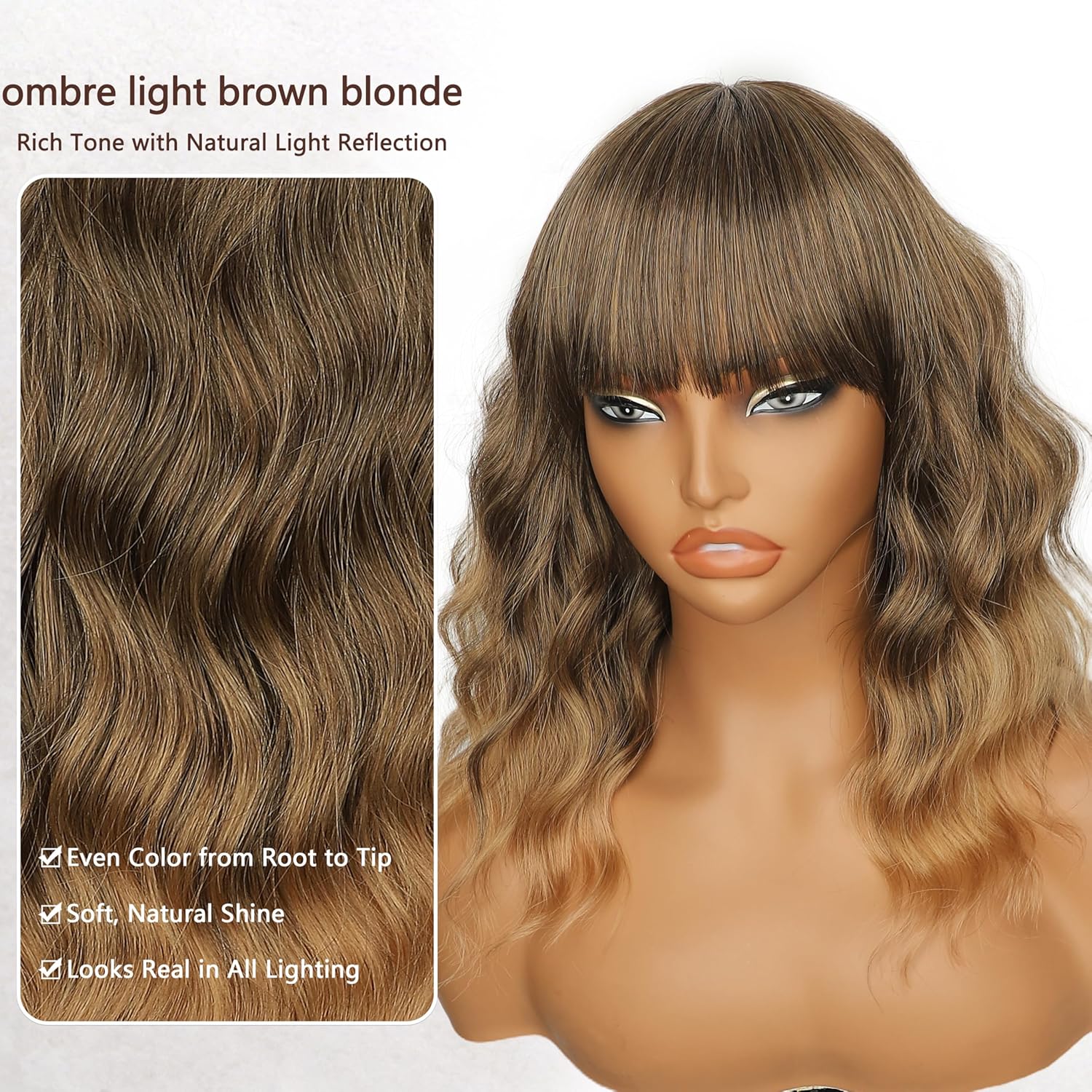 Nnzes Short Wavy Bob Wig with Bangs for Women Shoulder Length Curly Soft Light Brown Blonde Ombre Synthetic Heat-Resistant Fiber Hair for Daily & Party Use