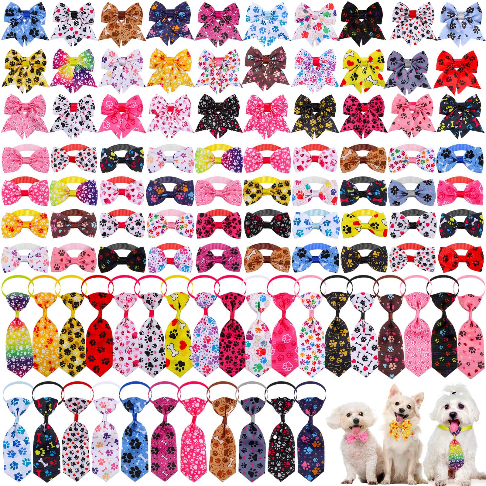 Reginary 100 Pieces Dog Bow Tie Collar Set Include 40 Dog Neckties, and 30 Puppy Bowties, 30 Collar Flowers, Adjustable Pet Ties Grooming for Small