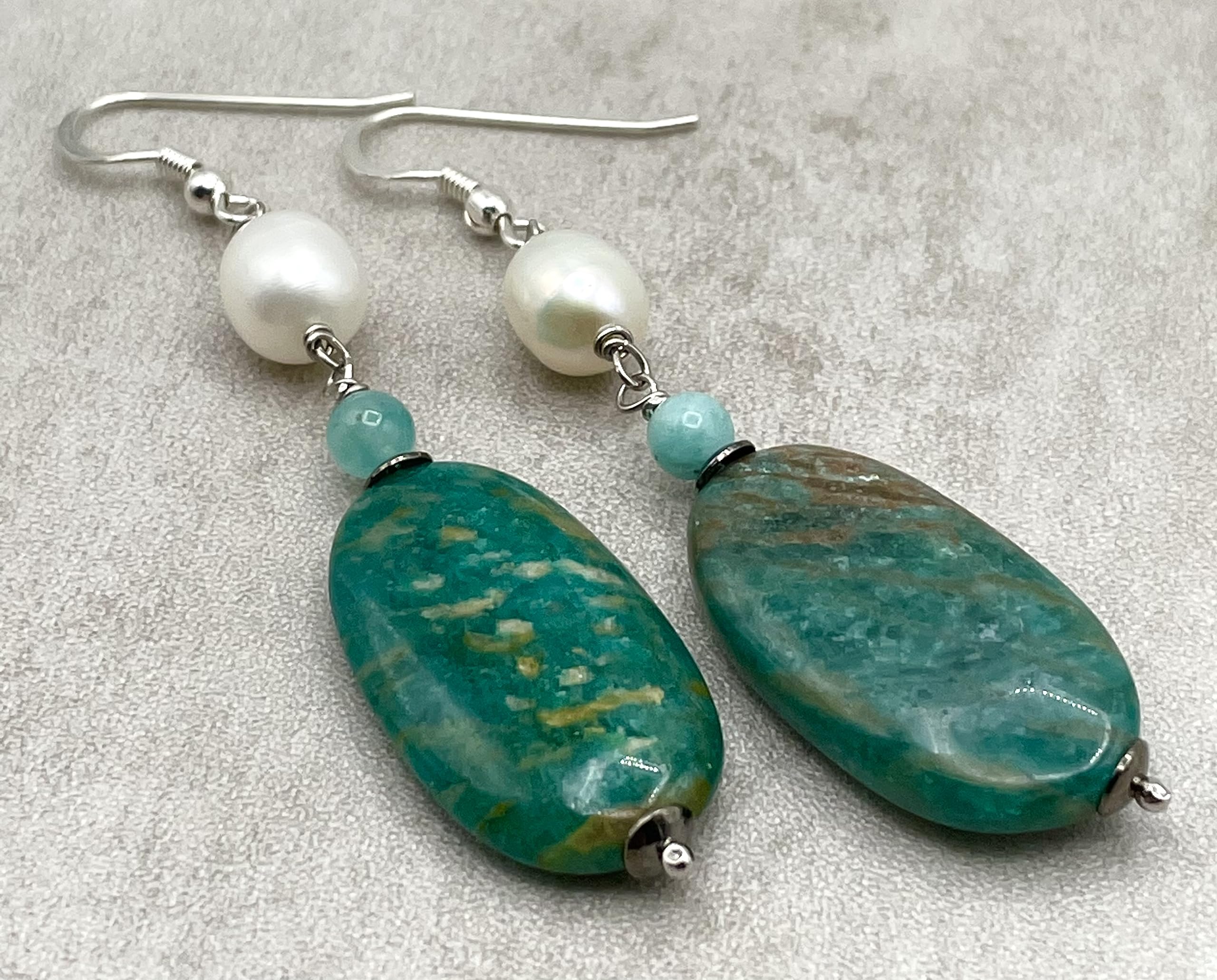 Orecchini con Amazzonite Turchese e Perle Bianche, Pendenti Lunghi, Argento 925, Gioielli Pietre Dure Naturali, Regalo per Lei, Bijoux
