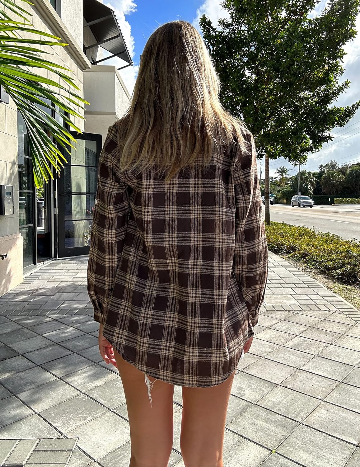 HOTOUCH Long Sleeve Plaid Shirts for Women Classic Flannel Blouse Color Block Comfy Button-Down Cotton Shirt Khaki M - Image 5