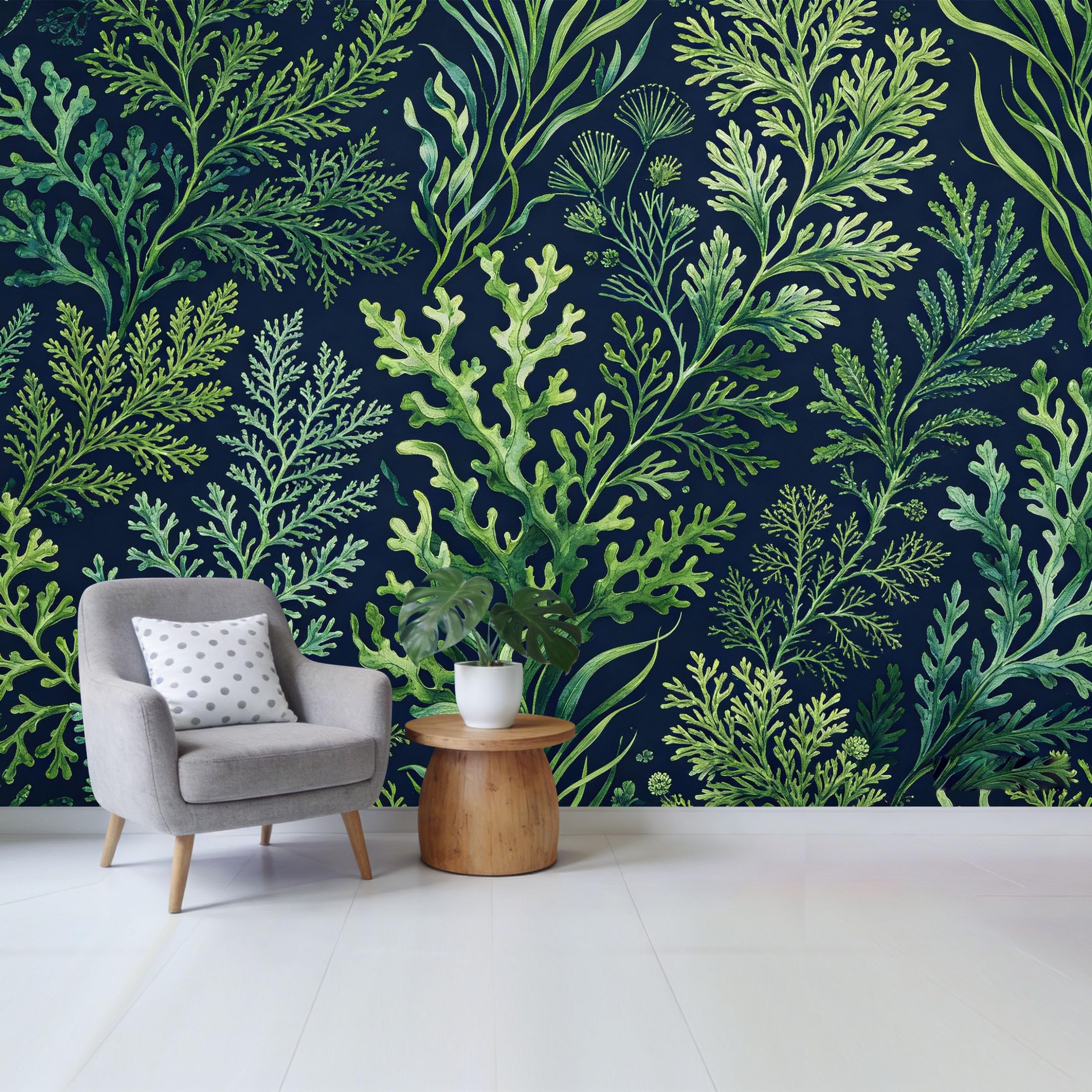 Qzlithotic Yq2605250175 Custom Size Wall Mural Watercolor Botanical Fern Leaves Pattern Dark Navy Background Selfadhesive Wall Fabric Removable Wallpaper For Home Office Decor