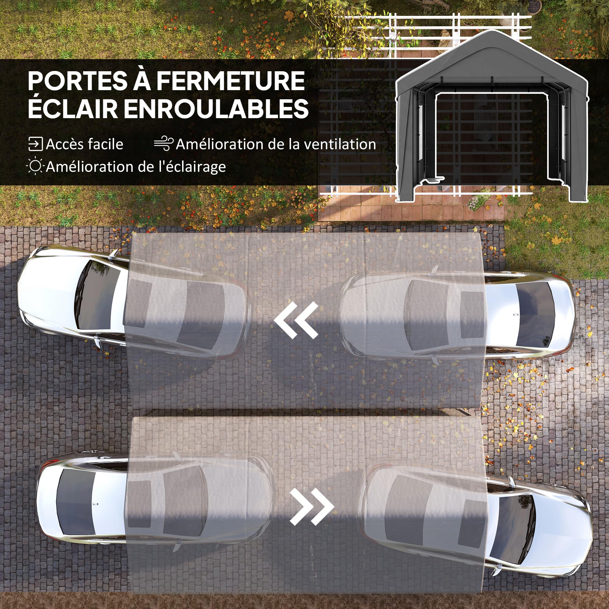 Outsunny Carport Tente de Garage 3 x 6 m abri Voiture extérieur Tente de Stockage avec parois latérales Amovibles, 2 Portes enroulables et 4 fenêtres, pour Camion, Bateau, Gris foncé